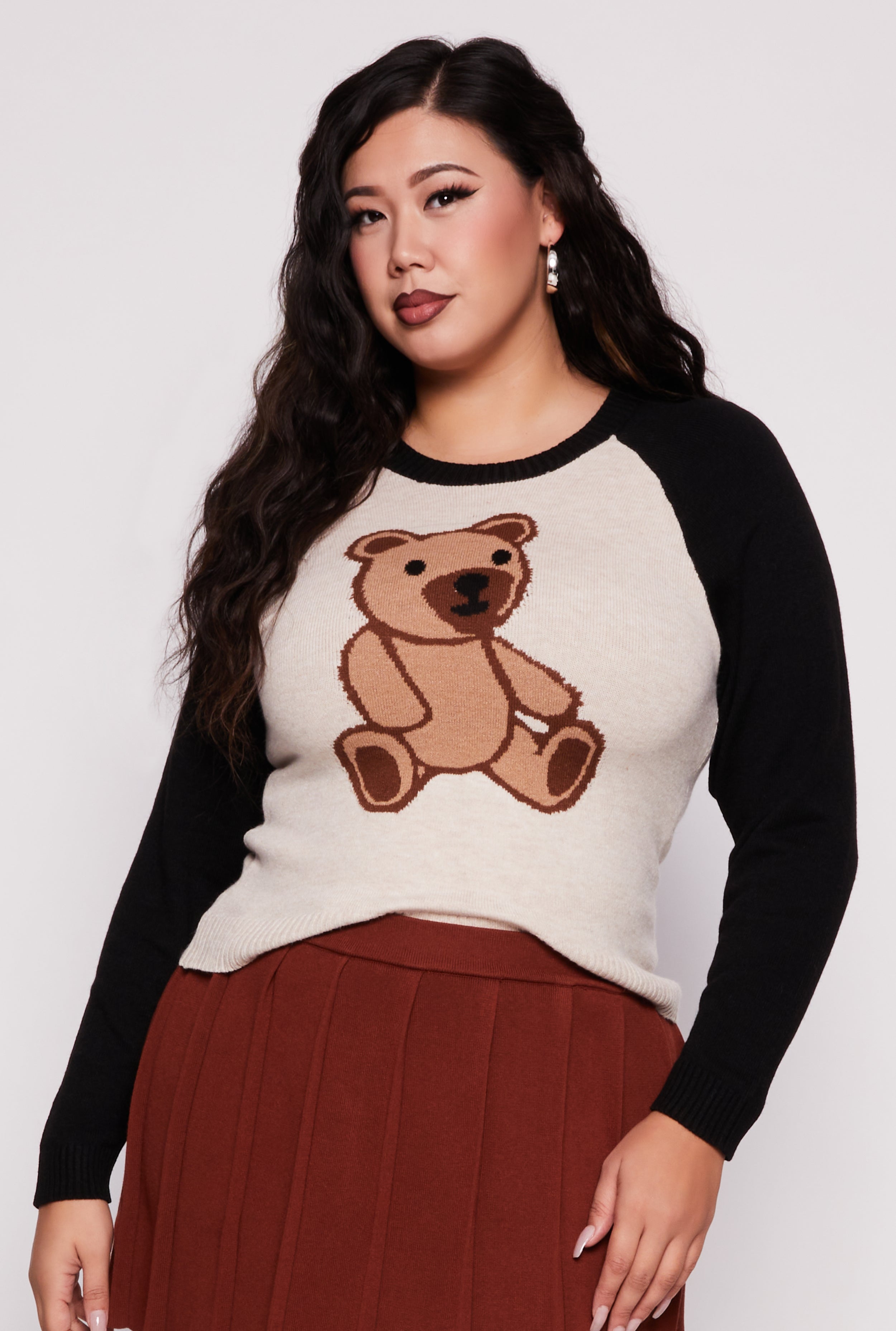 Womens Plus Size Teddy Bear Raglan Sweater, Multi, Size 1X