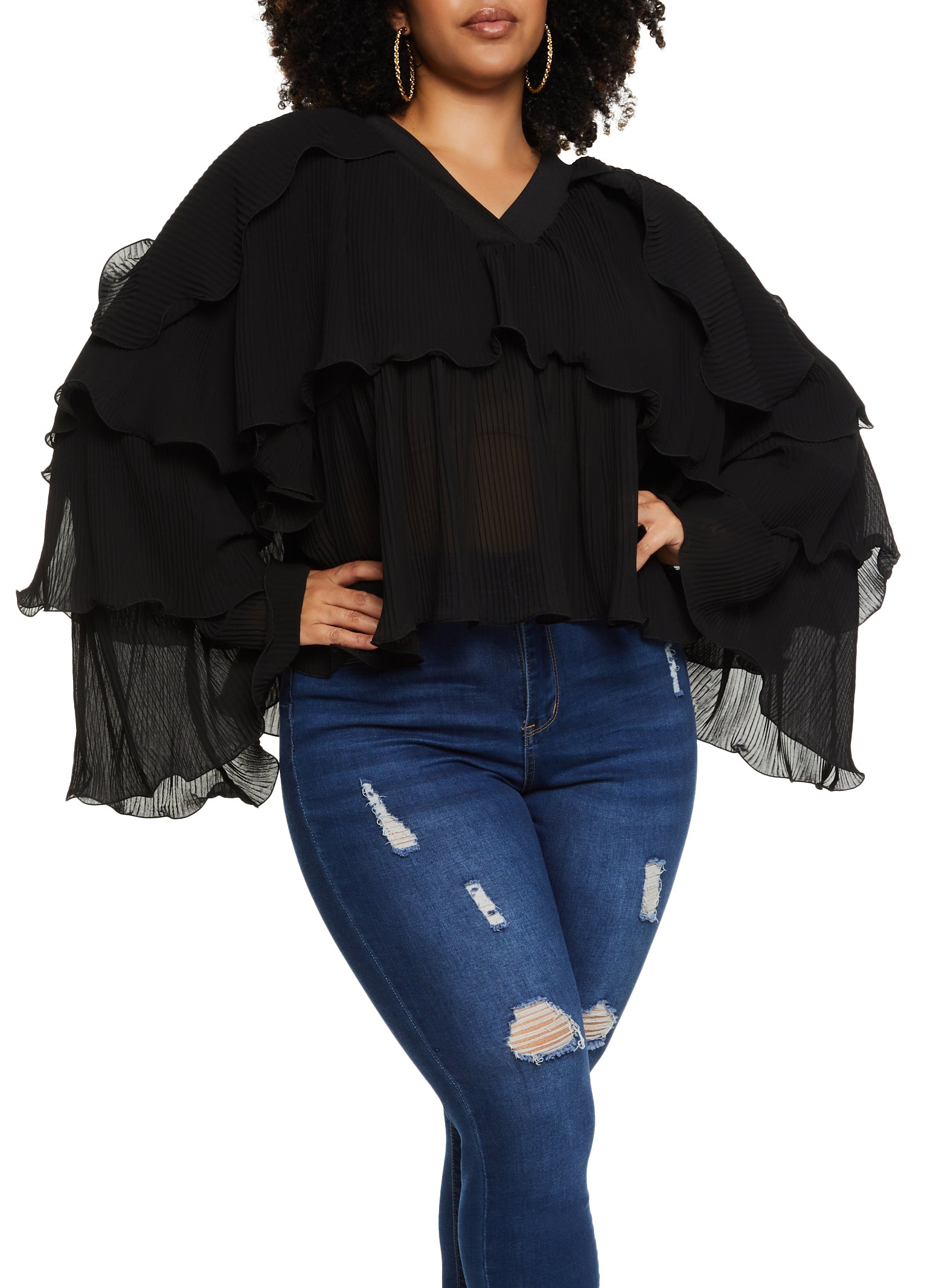 Womens Plus Size Plisse Ruffled Tiered Bell Sleeve Blouse, Black, Size 3X