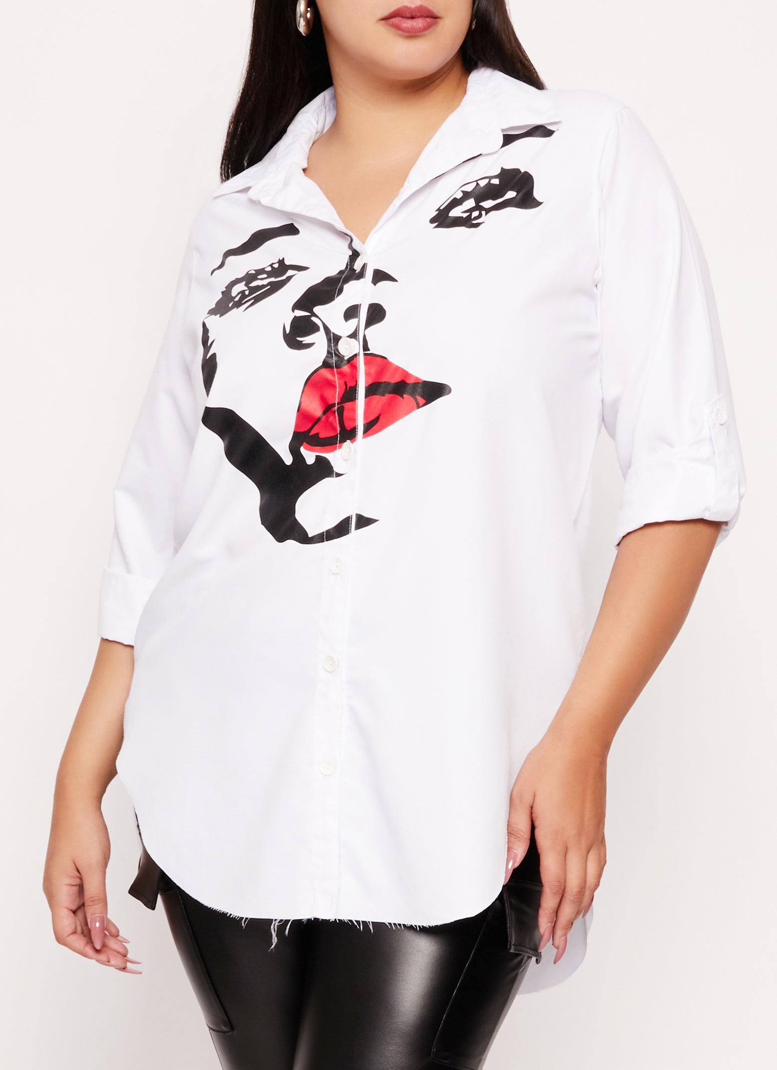 Womens Plus Size Face Print Button Front Shirt, White, Size 2X