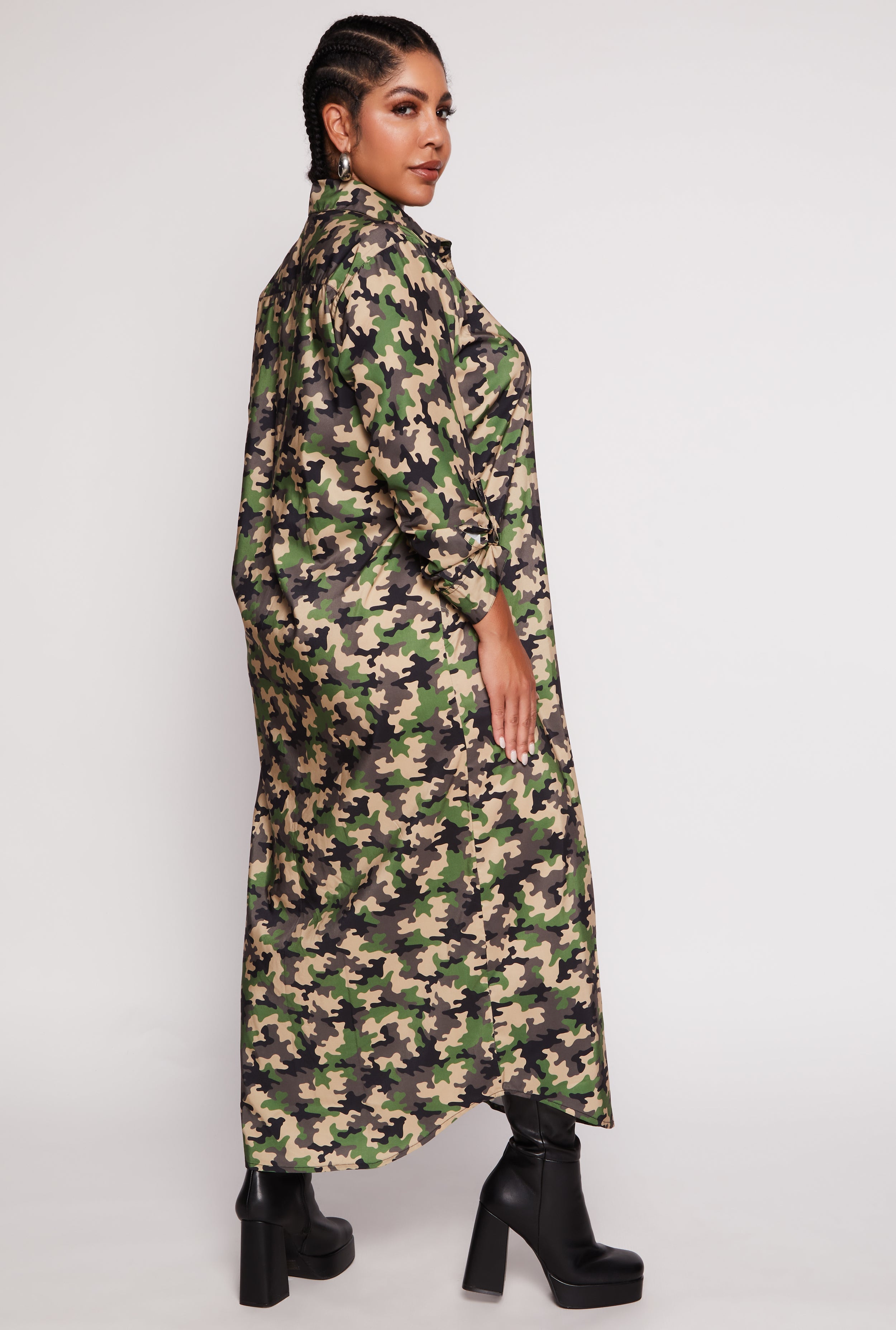 Womens Plus Size Camo Button Front Maxi Shirt Dress, Green, Size 3X