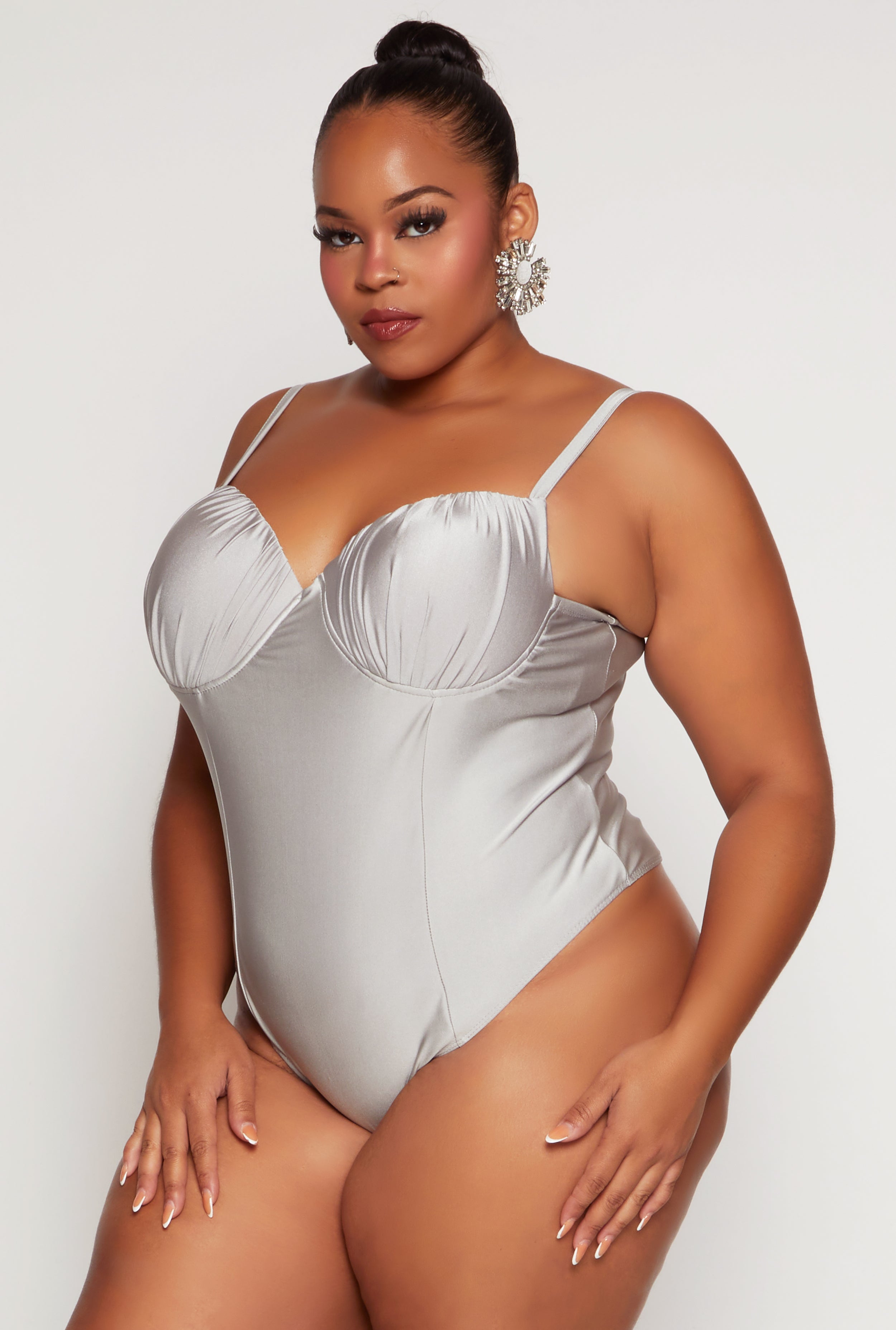 Womens Plus Size Ruched Detail Bustier Bodysuit, Silver, Size 2X