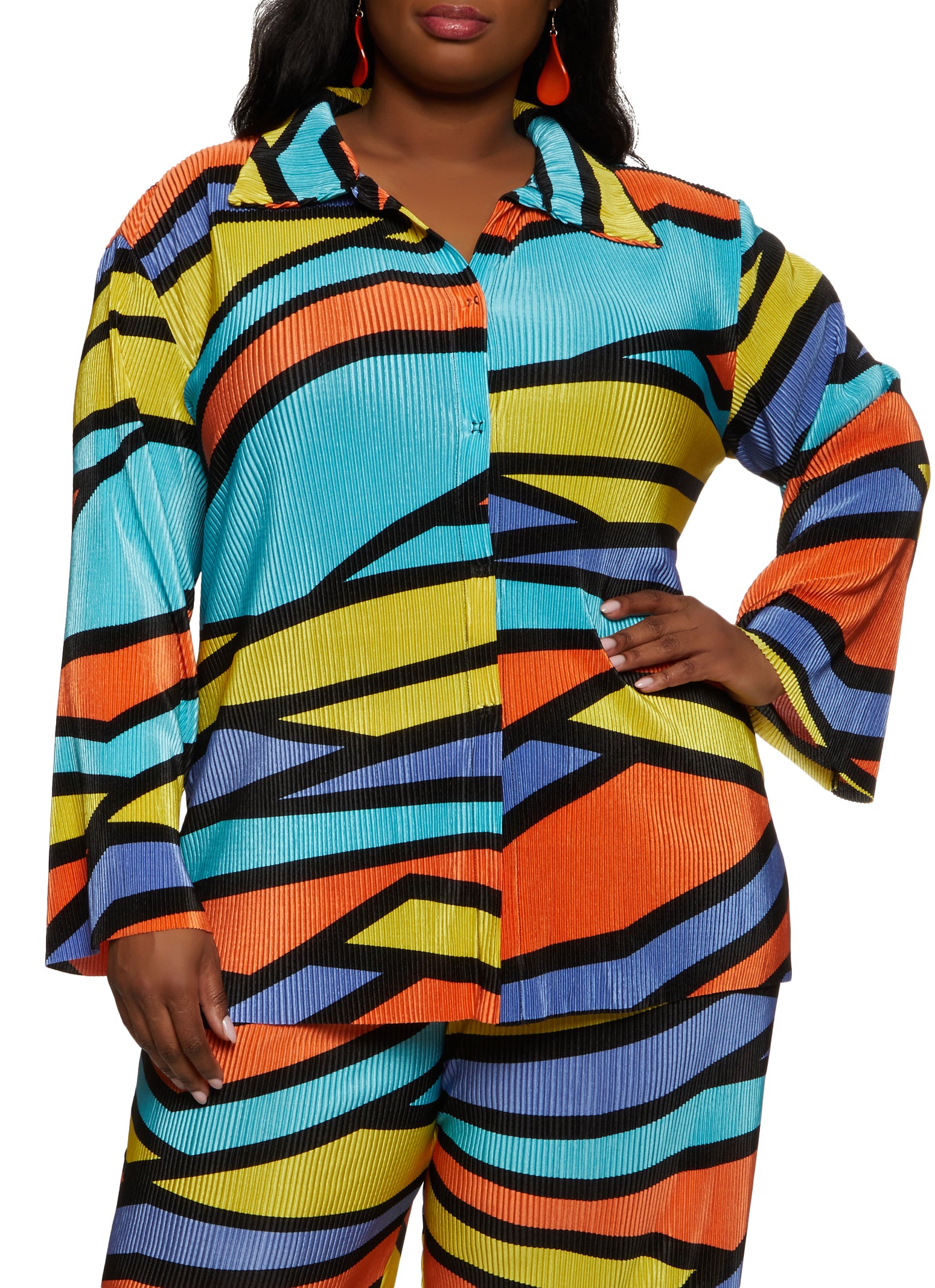 Womens Plus Size Plisse Printed Button Front Shirt, Multi, Size 1X