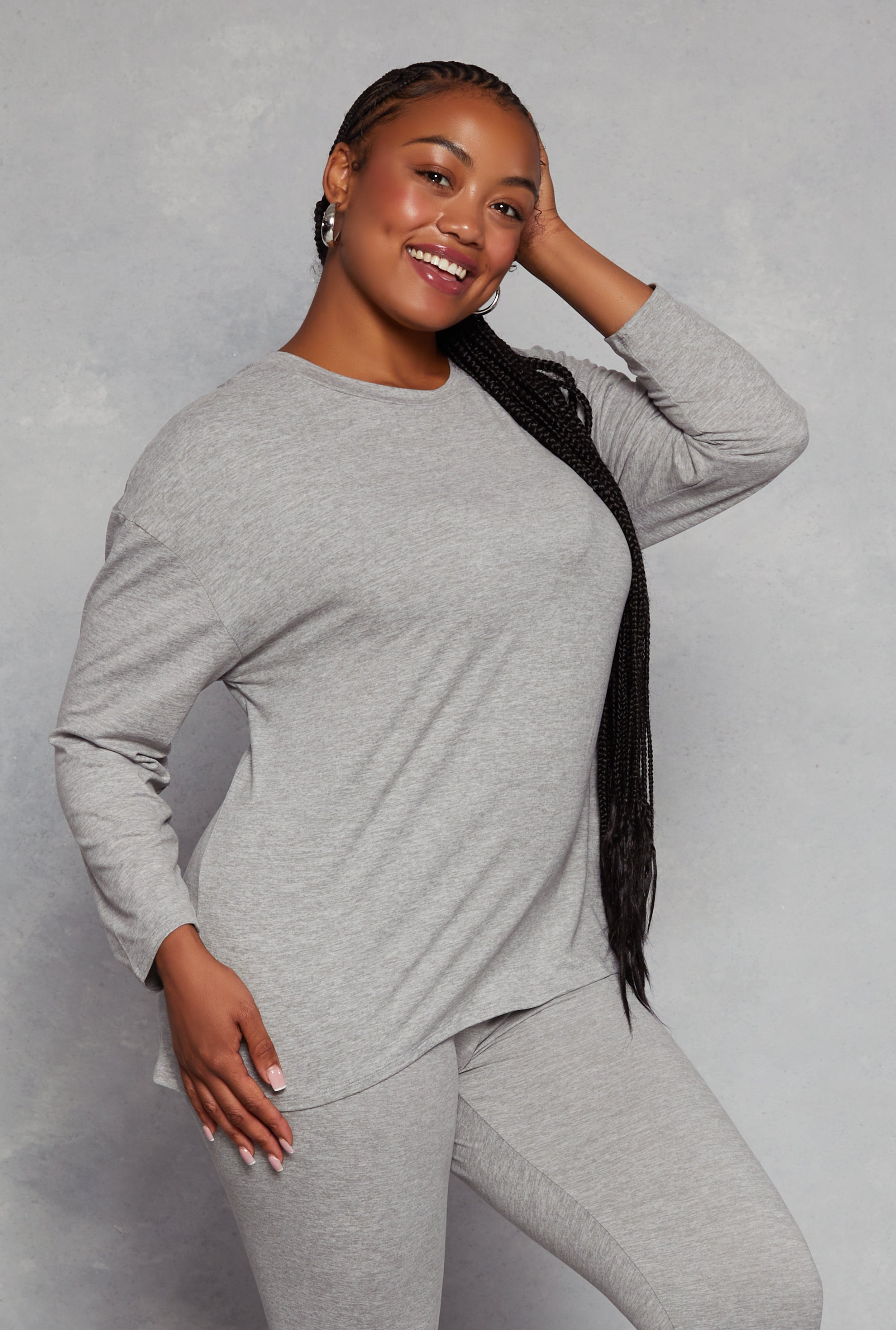 Womens Plus Size Solid Crew Neck Long Sleeve Top, Grey, Size 3X