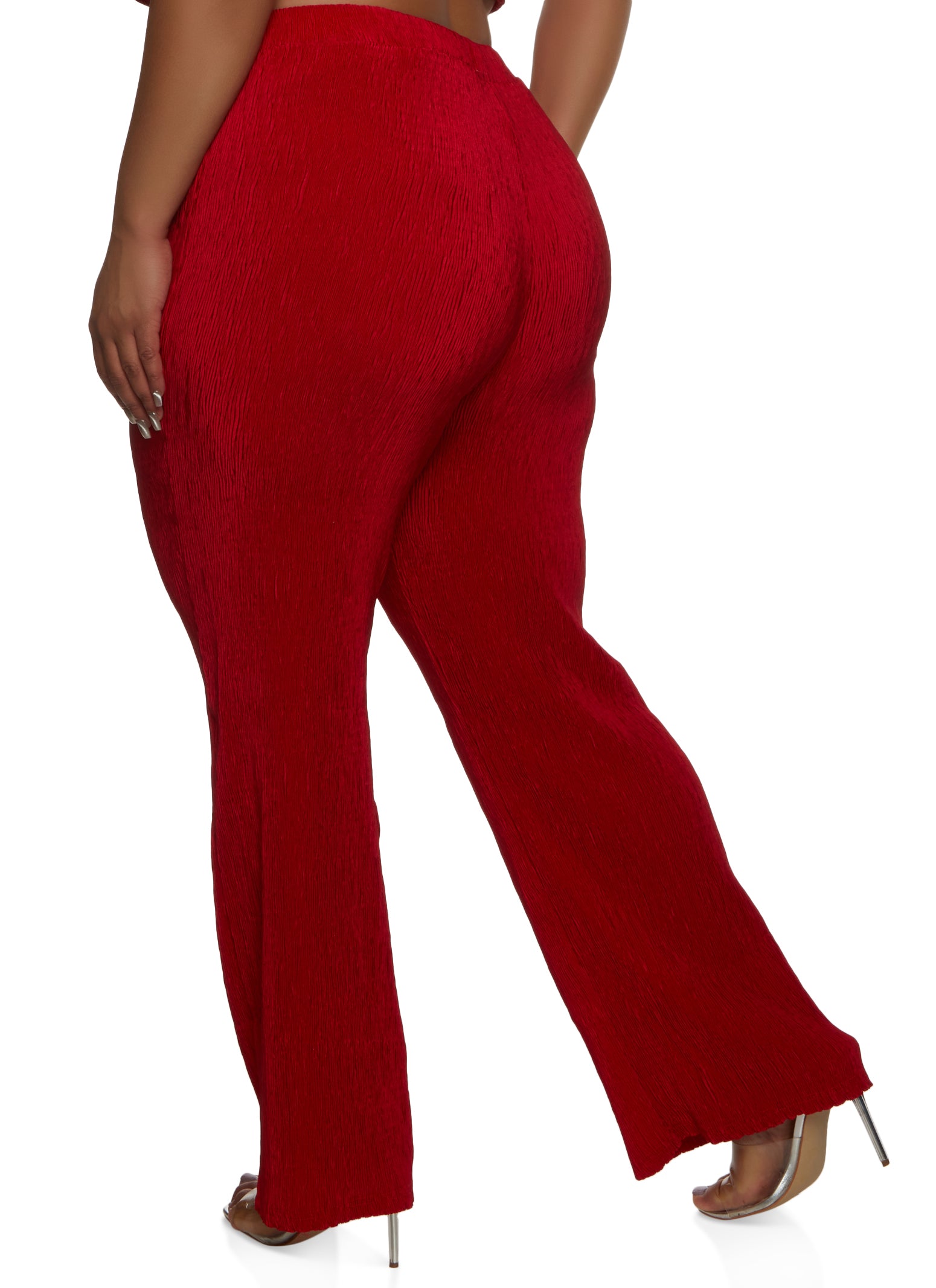 Womens Plus Size Plisse High Waist Wide Leg Pants, Red, Size 3X