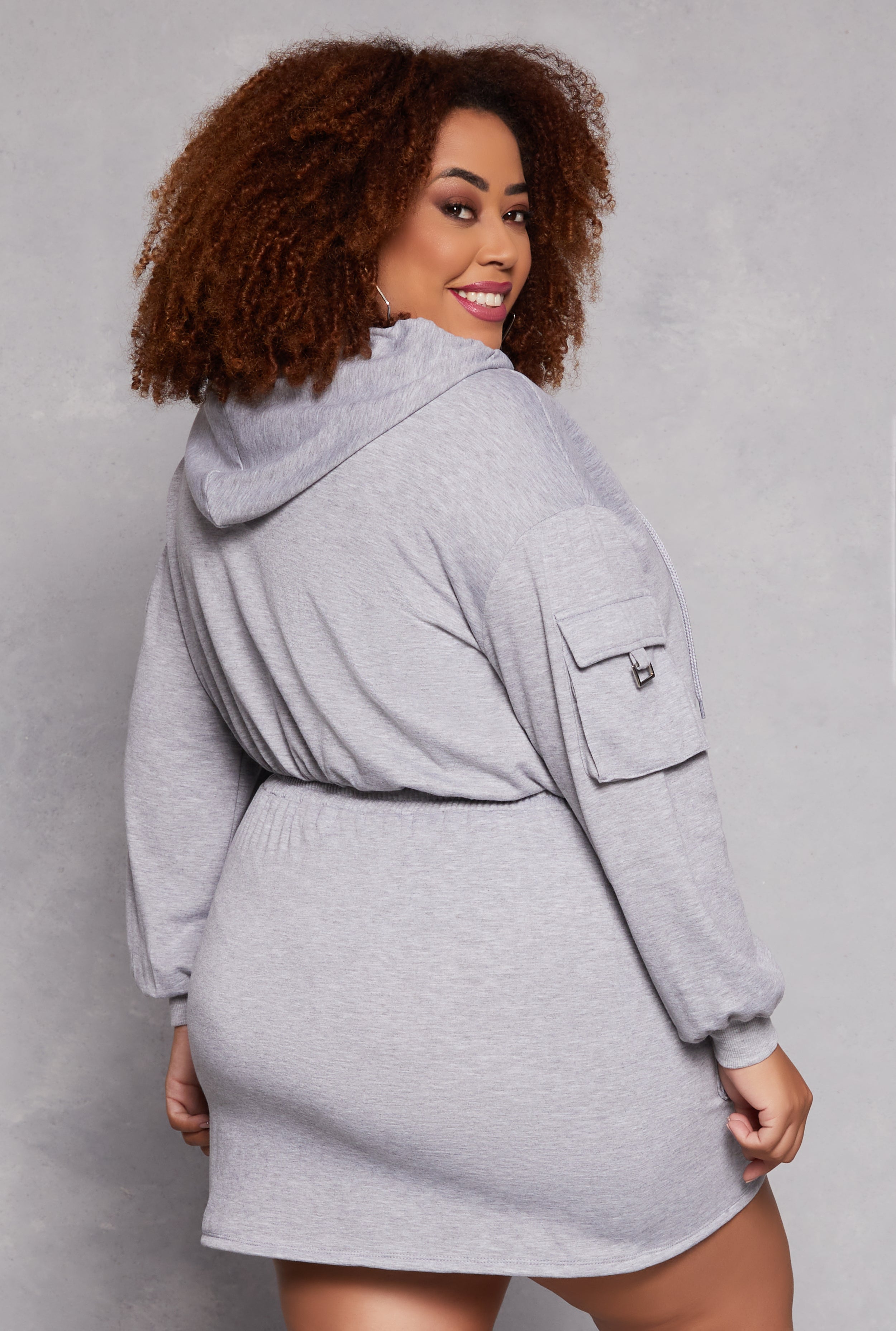 Womens Plus Size Almost Famous Cargo Pocket Sleeve Cropped Hoodie, Grey, Size 2X