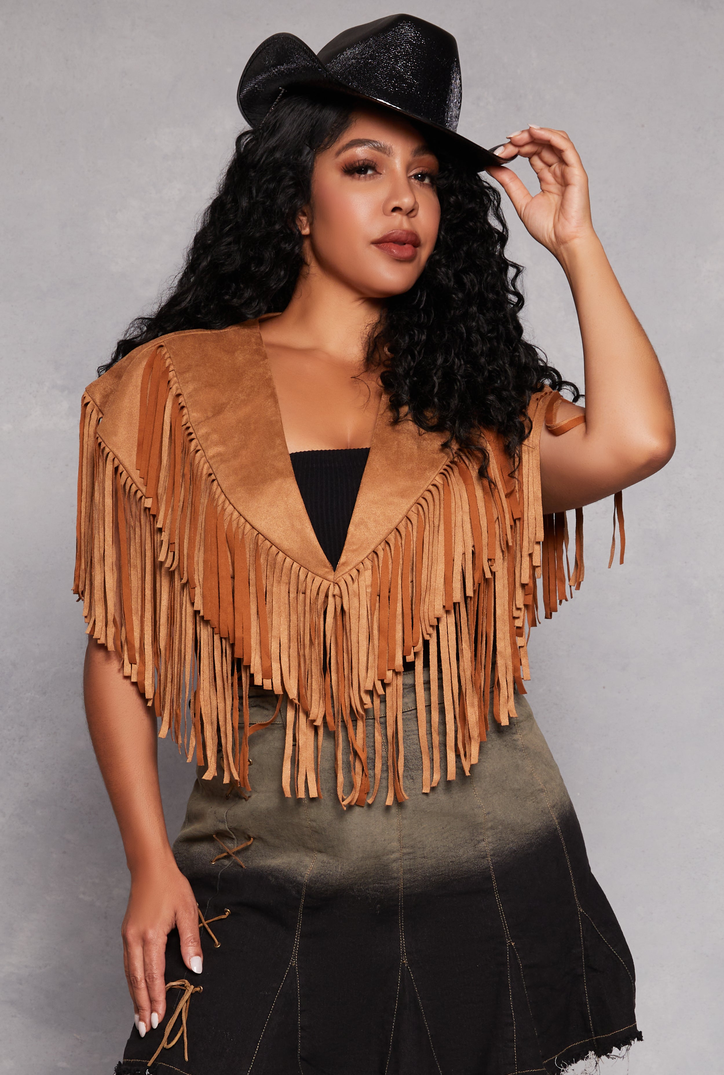 Womens Plus Size Faux Suede Fringe Bolero Vest, Brown, Size 2X