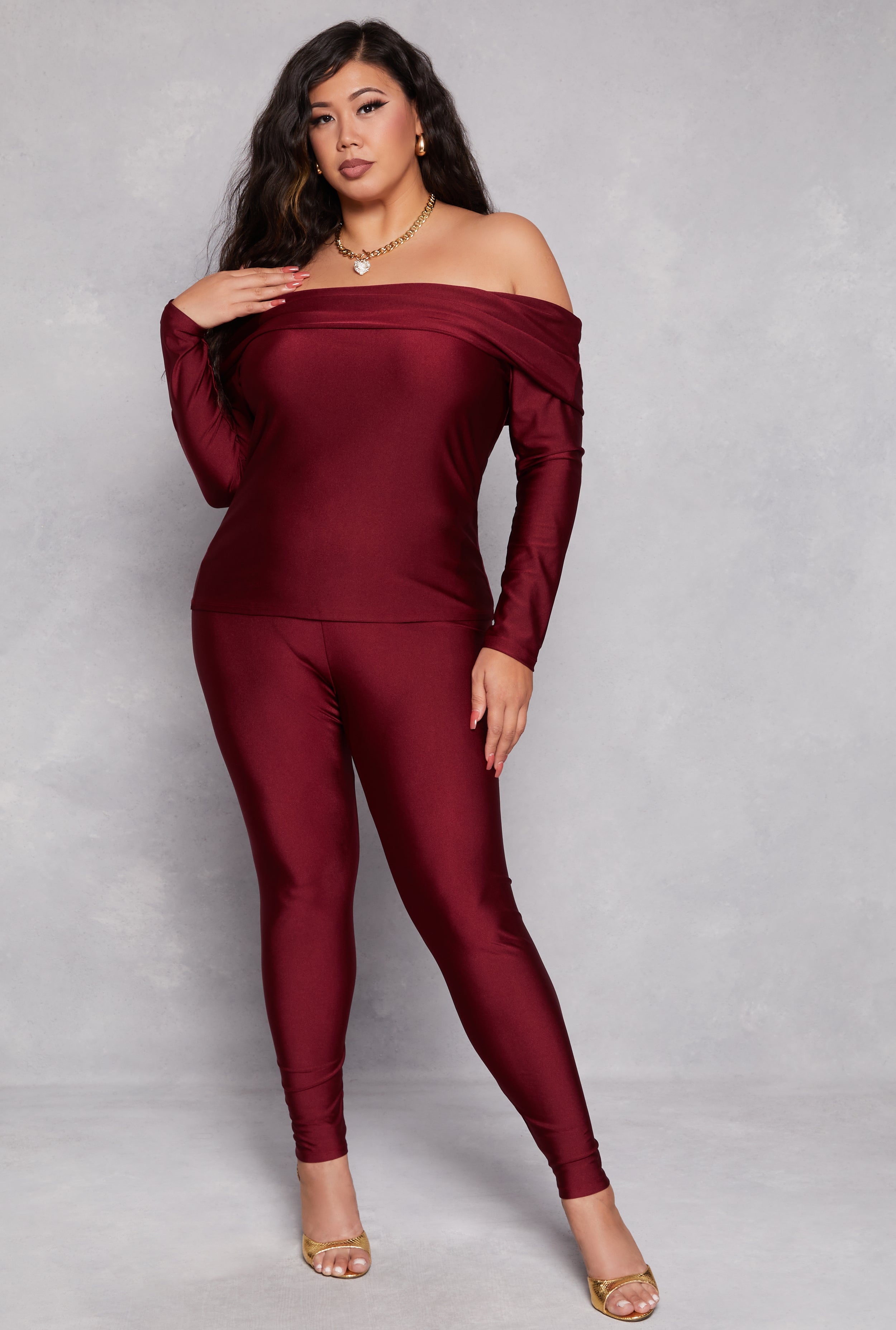 Womens Plus Size Off the Shoulder Long Sleeve Top and Leggings, Burgundy, Size 3X