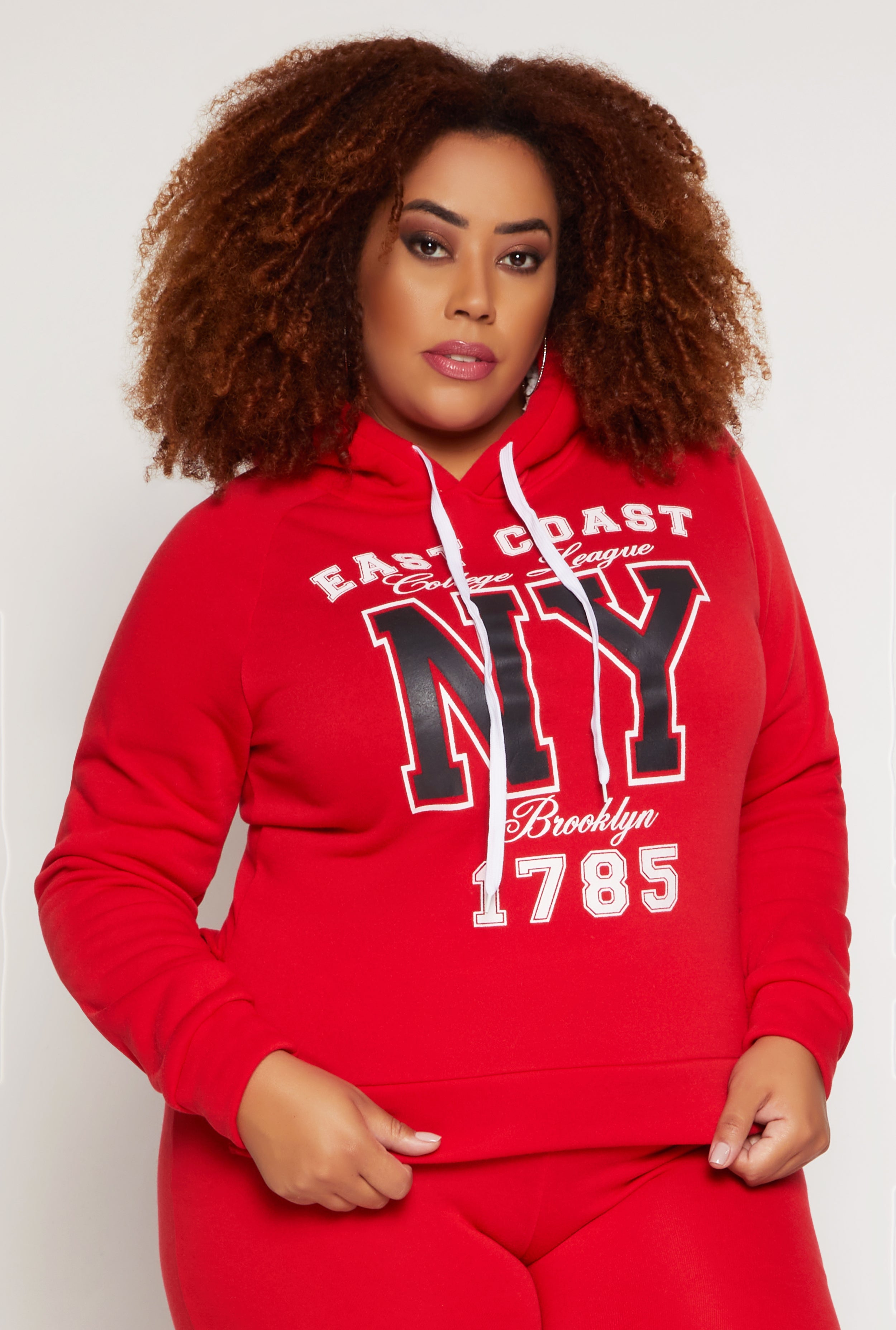 Womens Plus Size East Coast NY Graphic Pullover Hoodie, Red, Size 1X