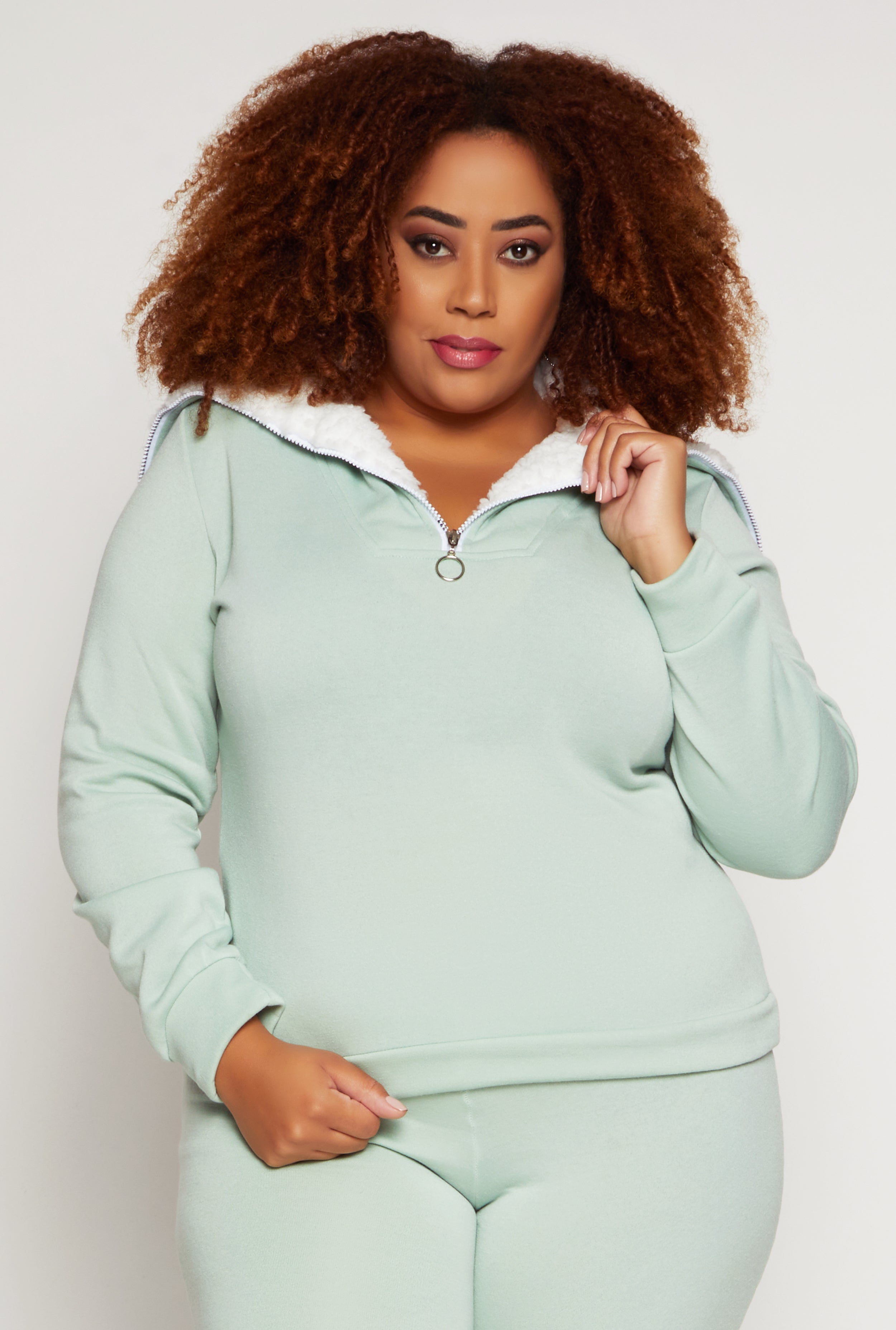 Womens Plus Size Sherpa Collar Quarter Zip Sweatshirt, Green, Size 3X