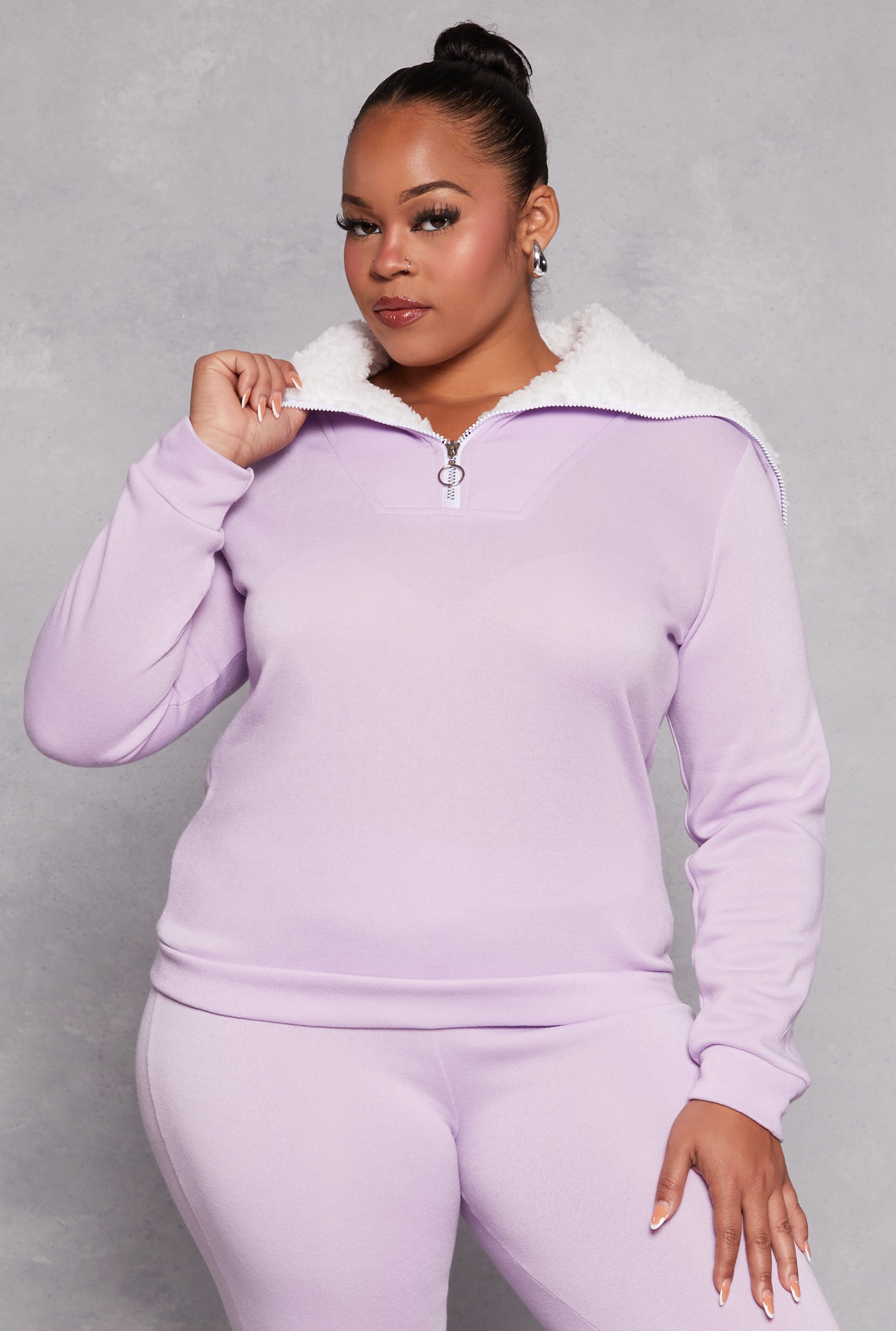 Womens Plus Size Sherpa Collar Quarter Zip Sweatshirt, Purple, Size 2X