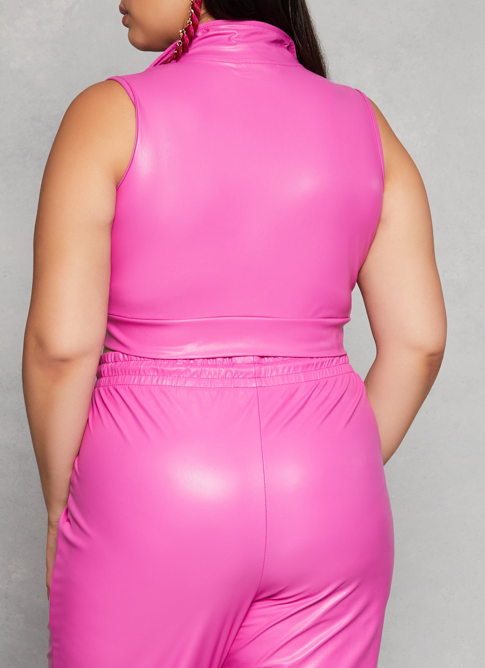 Womens Plus Size Faux Leather Zip Front Tank Top, Pink, Size 3X