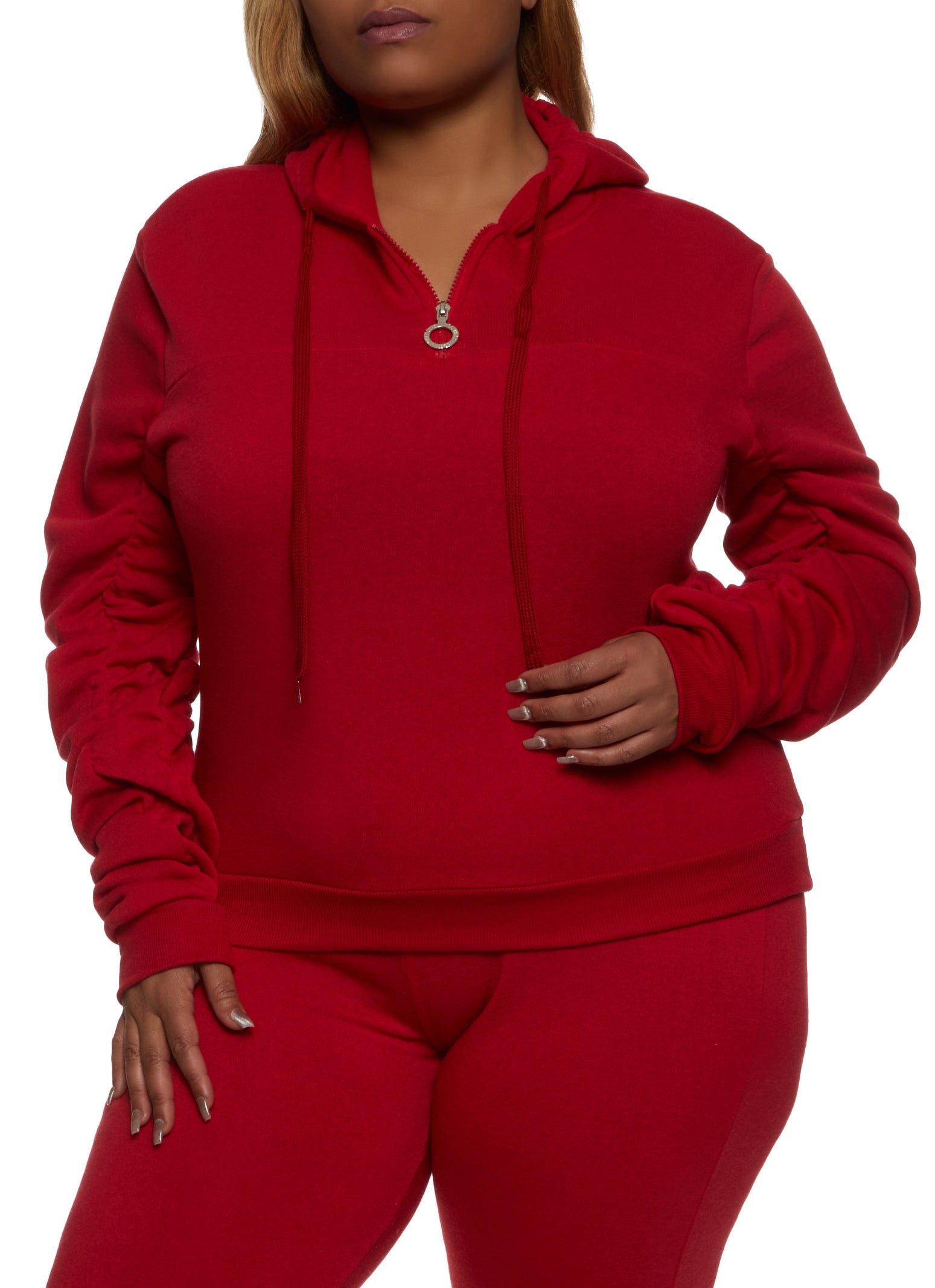 Womens Plus Size Zip Neck Ruched Sleeve Hoodie, Red, Size 1X