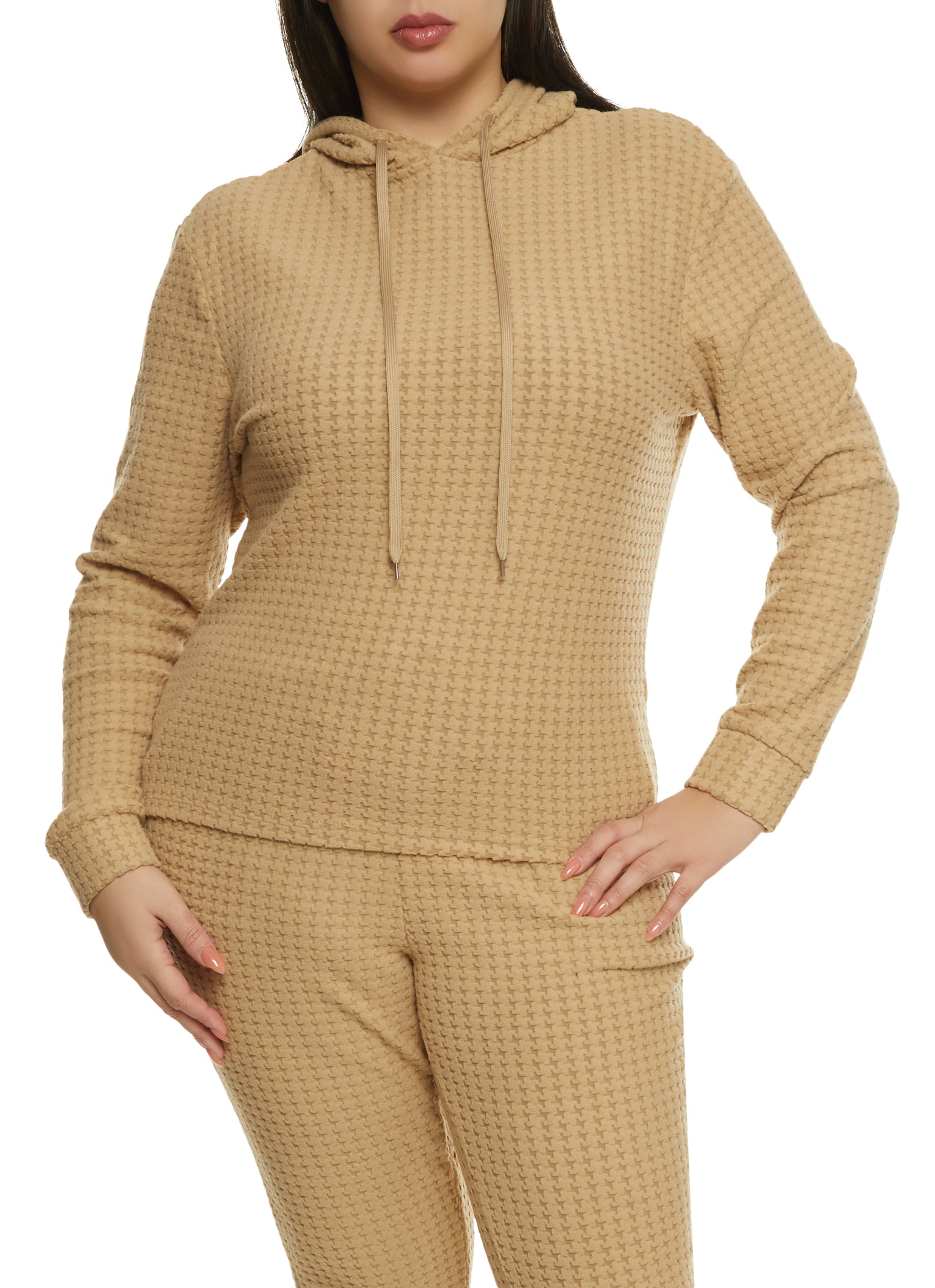Womens Plus Size Solid Textured Knit Houndstooth Hoodie, Beige, Size 2X