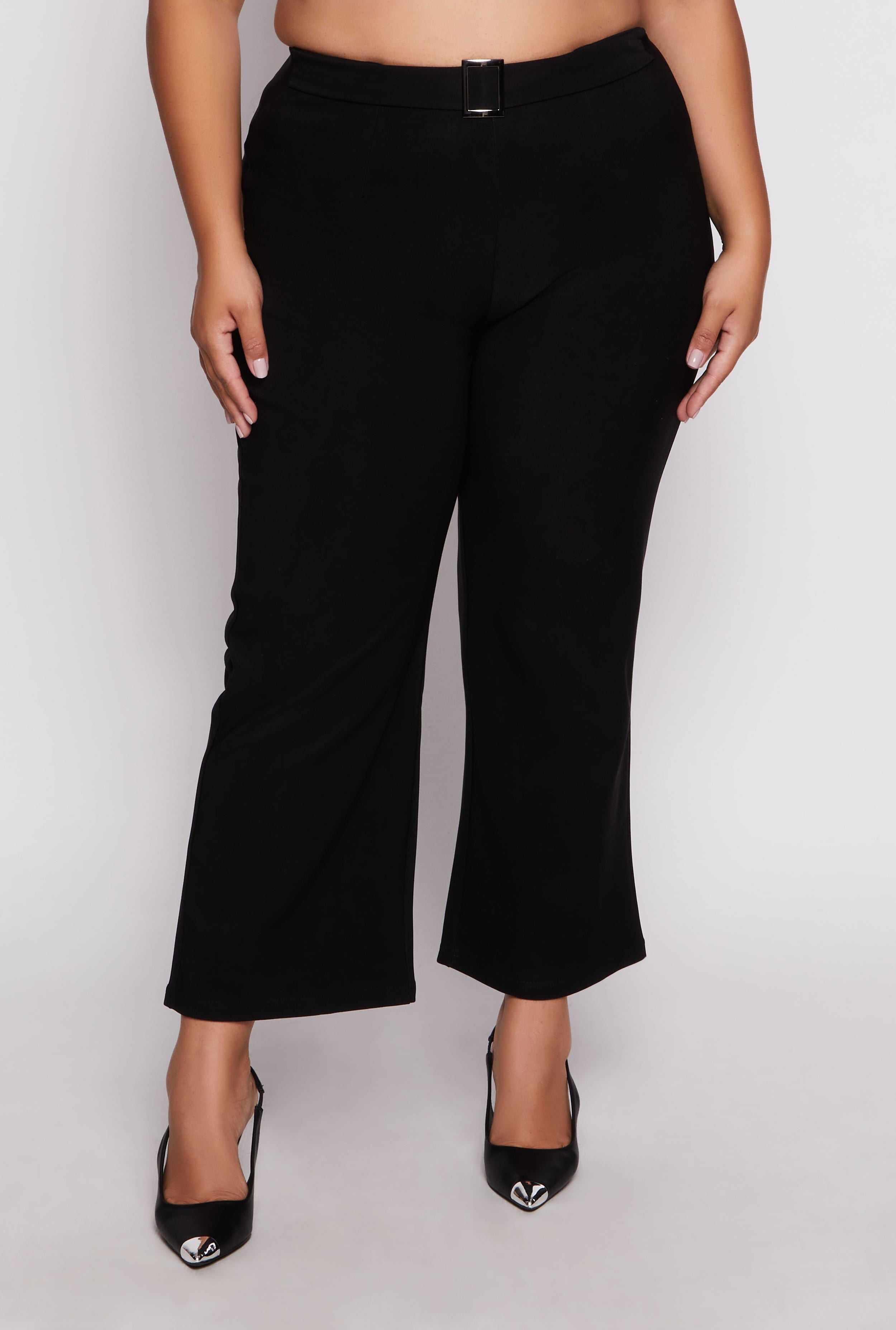 Womens Plus Size Scuba Belted Front Wide Leg Pants, Black, Size 1X