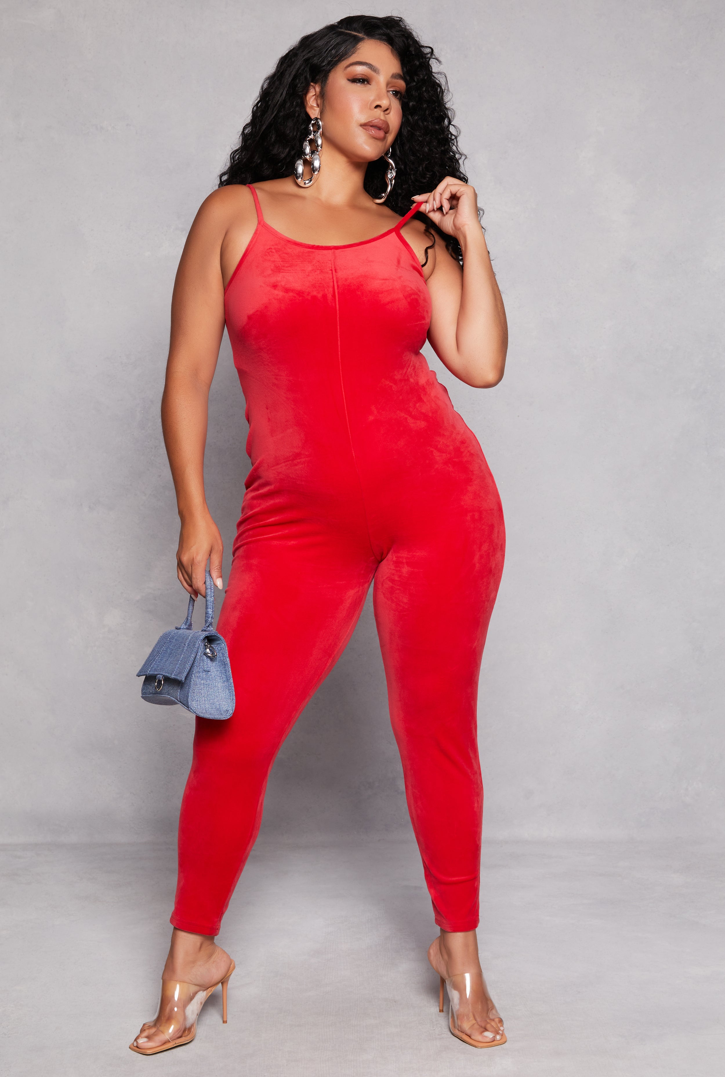 Womens Plus Size Velour Cami Catsuit, Red, Size 1X