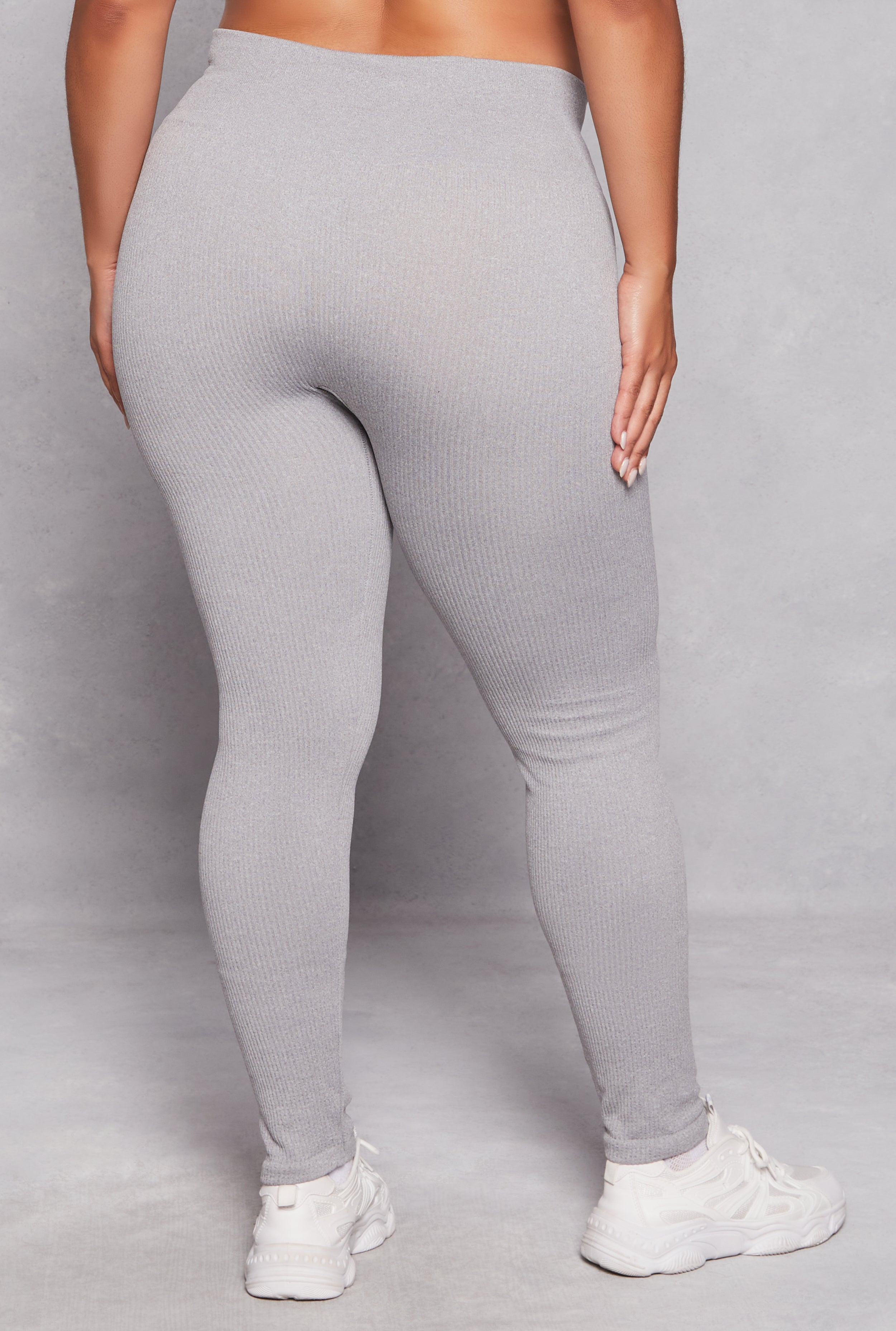 Womens Plus Size Seamless Ribbed High Waist Leggings, Grey, Size 1X-2X