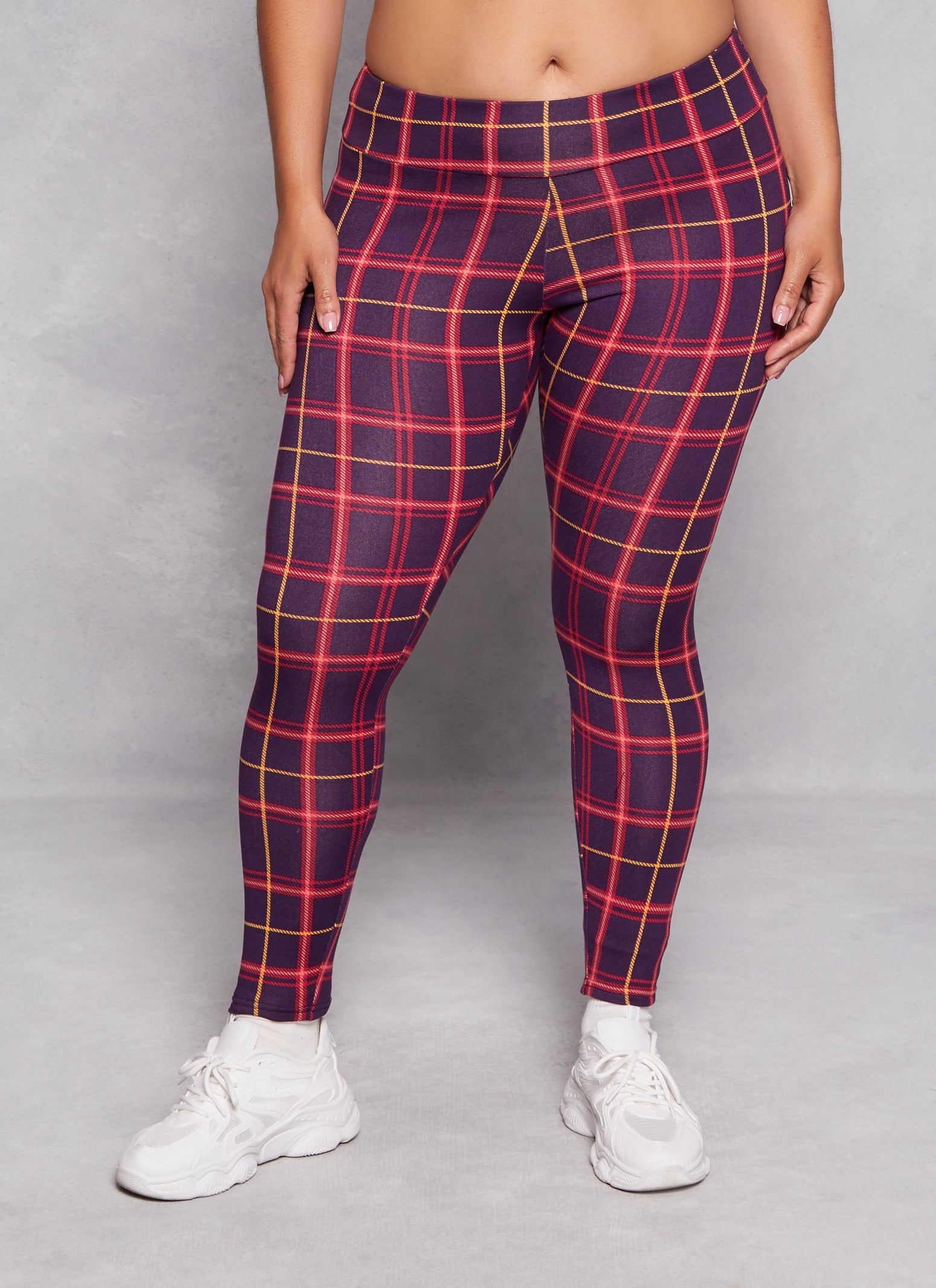 Womens Plus Size Plaid Soft Knit High Waist Leggings, Red, Size 2X