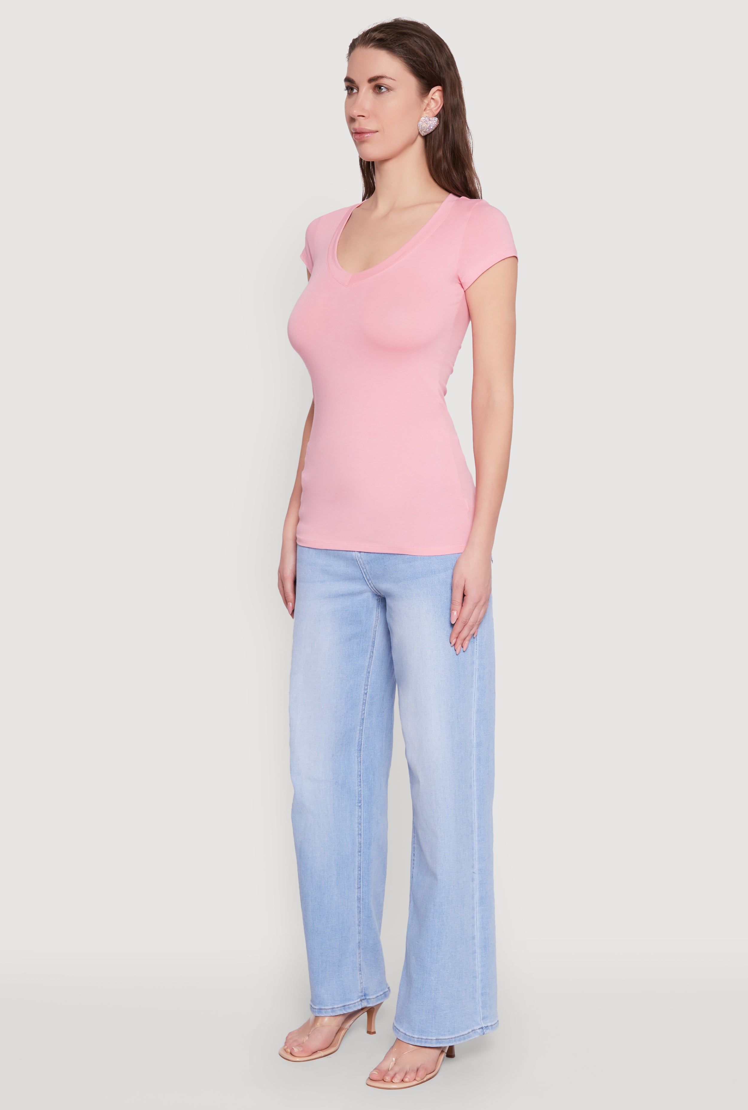 Womens V Neck Basic Short Sleeve Tee, Pink, Size M