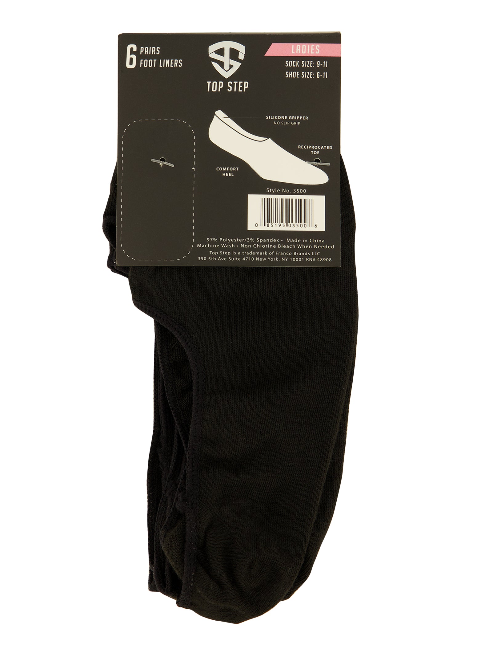 Womens Solid No Show Socks 6 Pack Size 9-11, Black, Size 9-11