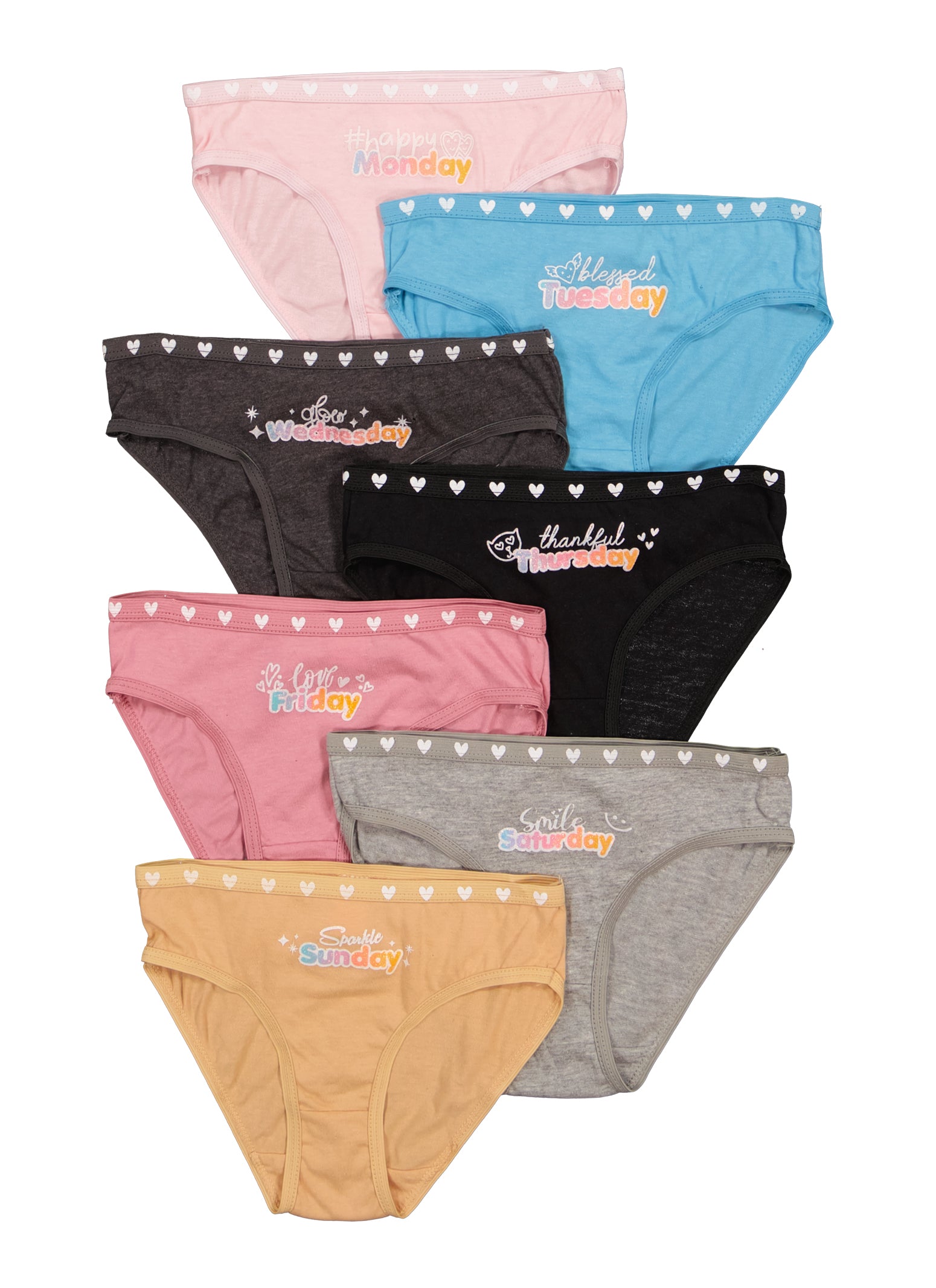 Rainbow Shops Womens Girls Glitter 7 Pack Days of The Week Heart Trim  Panties, Multi, Size 10-12