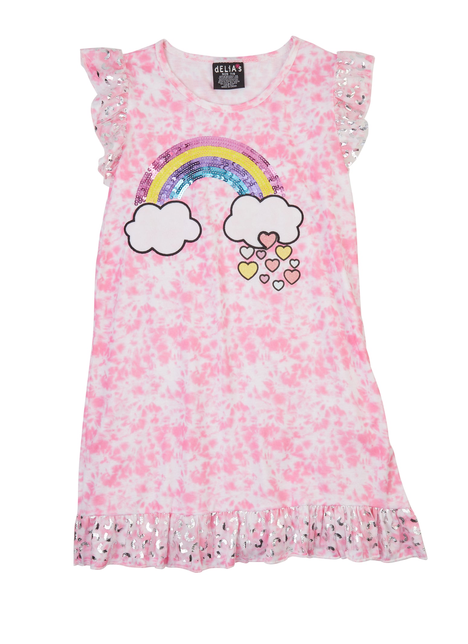 Girls Sequin Rainbow Tie Dye Nightgown, Pink, Size 10-12