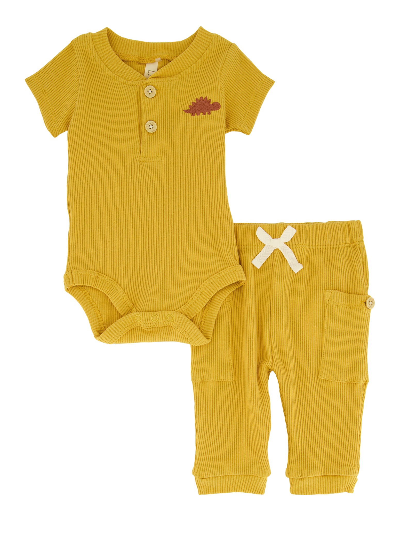 Baby Boys 0-9M Ribbed Dinosaur Embroidered Bodysuit and Joggers, Yellow, Size 3-6M