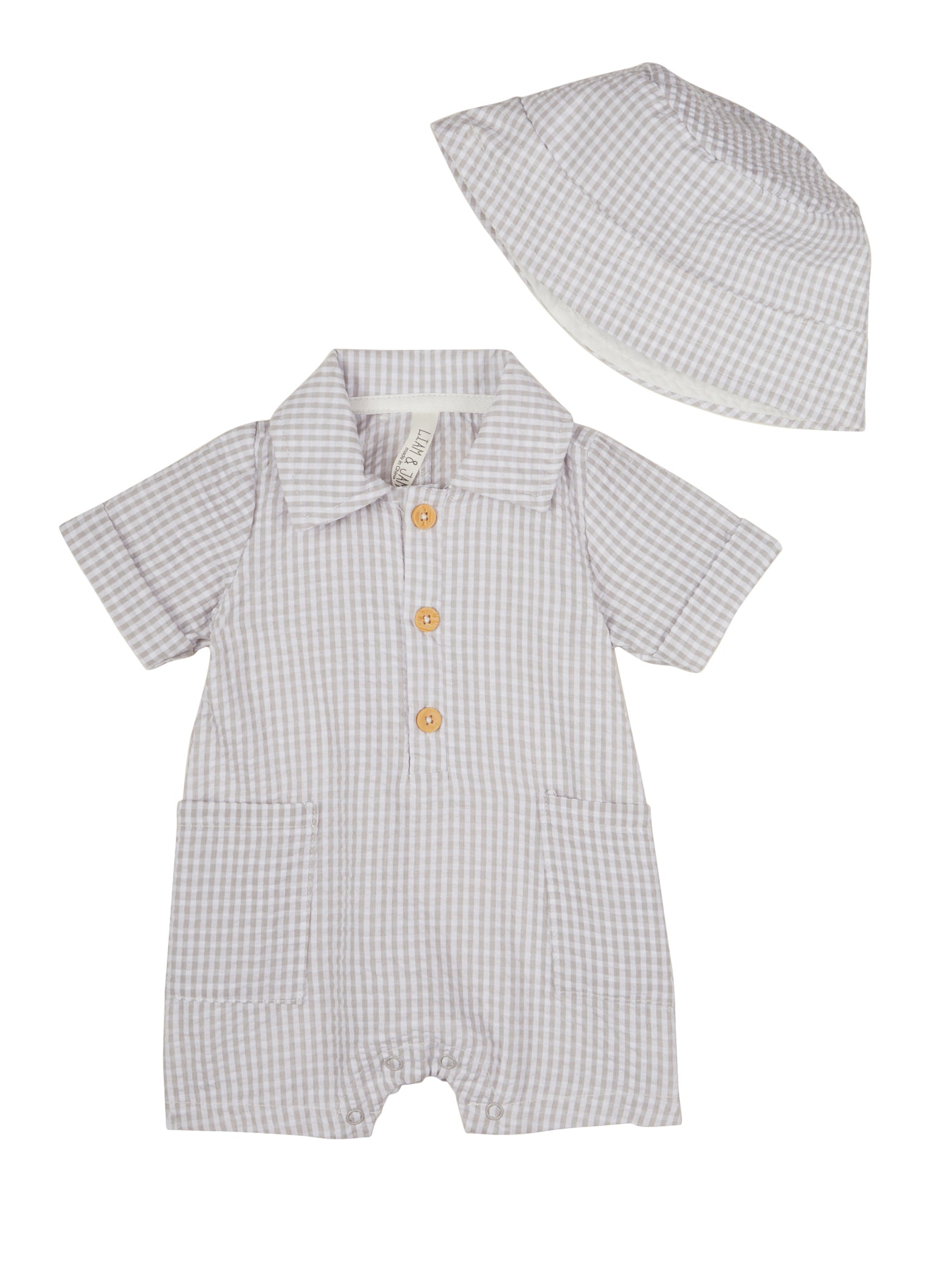 Baby Boys 0-9M Gingham Romper with Bucket Hat, Grey, Size 6-9M