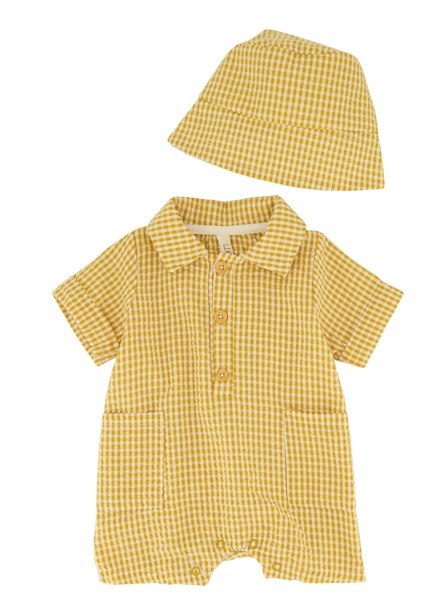 Baby Boys 0-9M Plaid Pocket Romper with Hat, Yellow,