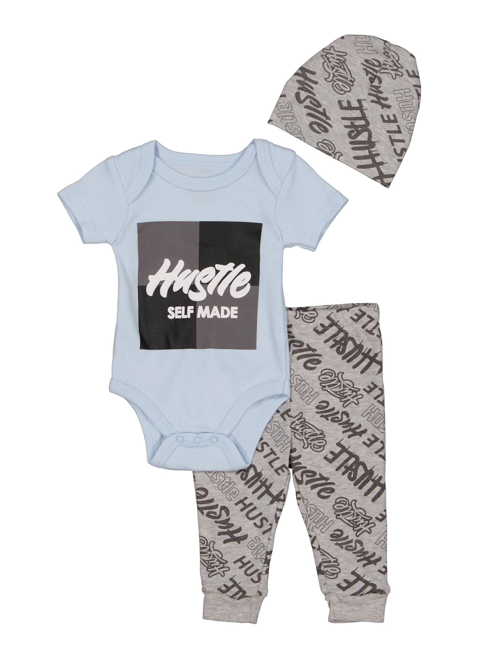 Baby Boys 0-9M Hustle Self Made Bodysuit and Joggers with Hat, Blue, Size 6-9M