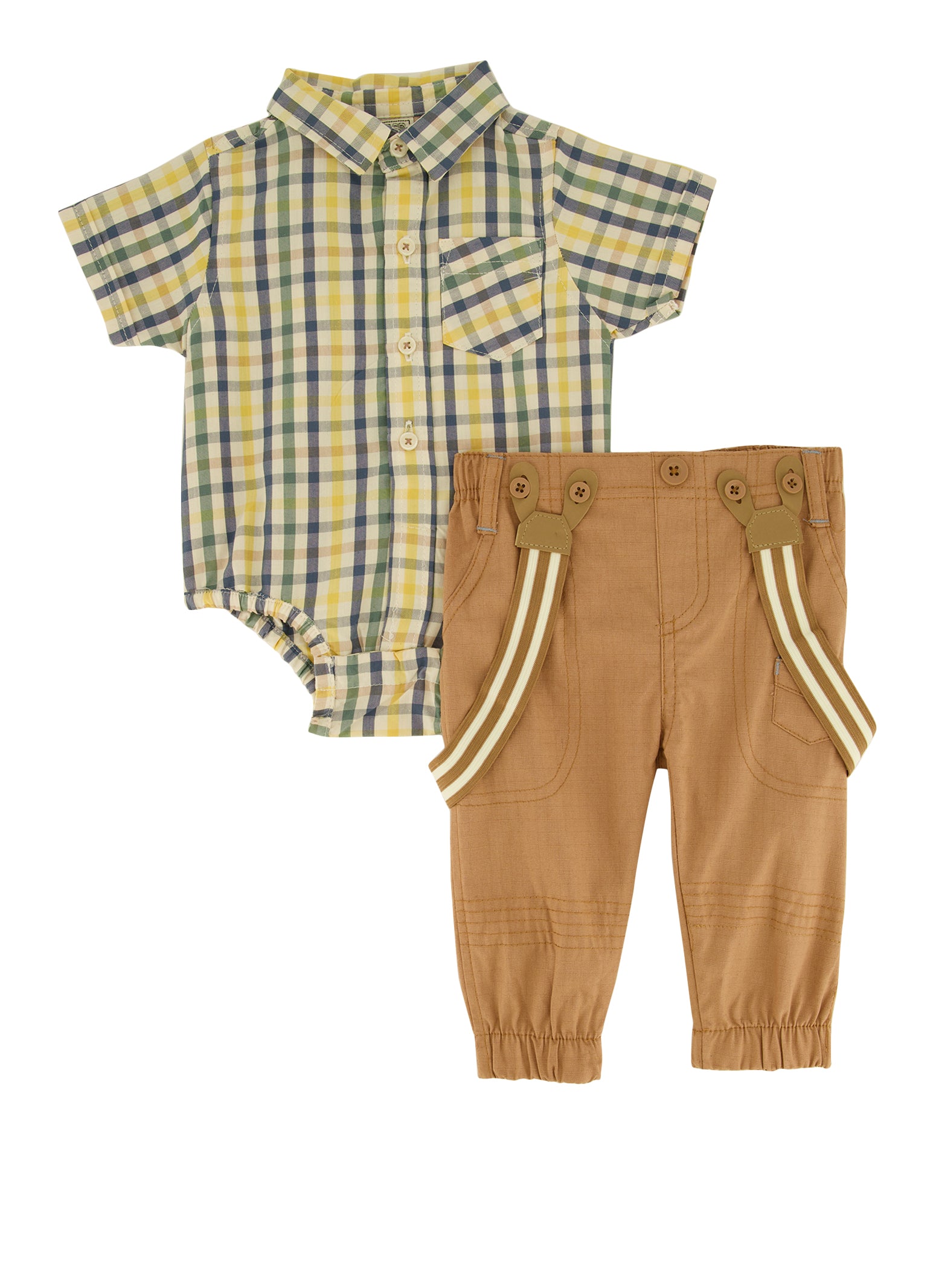 Baby Boys 0-9M Plaid Button Front Bodysuit and Suspender Joggers, Multi, Size 3-6M