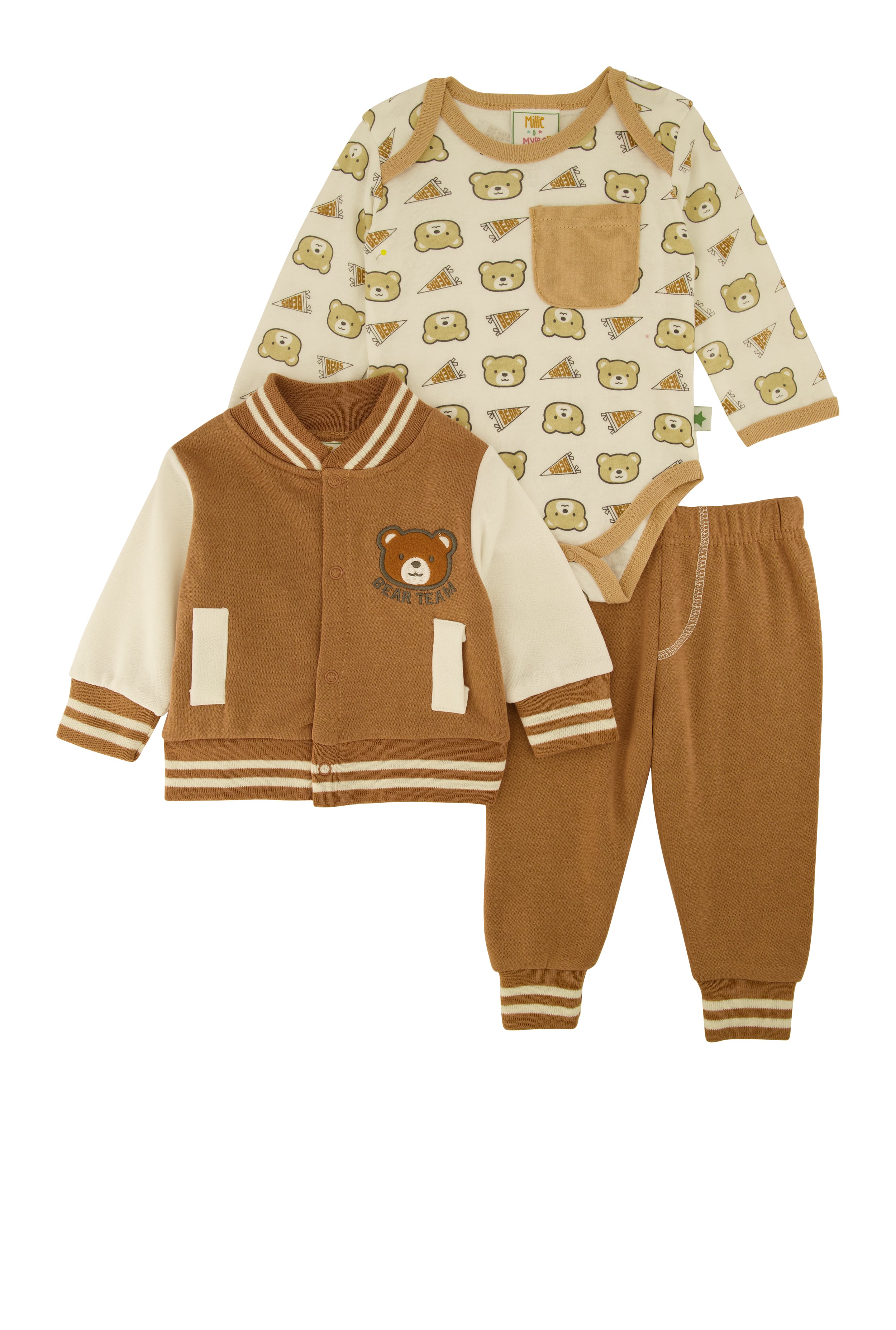 Baby Boys 0-9M Bear Varsity Jacket and Bodysuit with Joggers, Brown, Size 3-6M