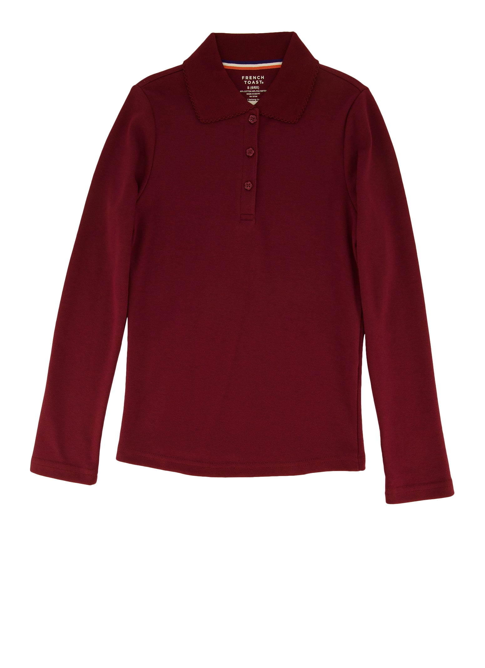 French Toast Girls 4-6x Picot Collar Long Sleeve Interlock Polo, Burgundy, Size 6-6X