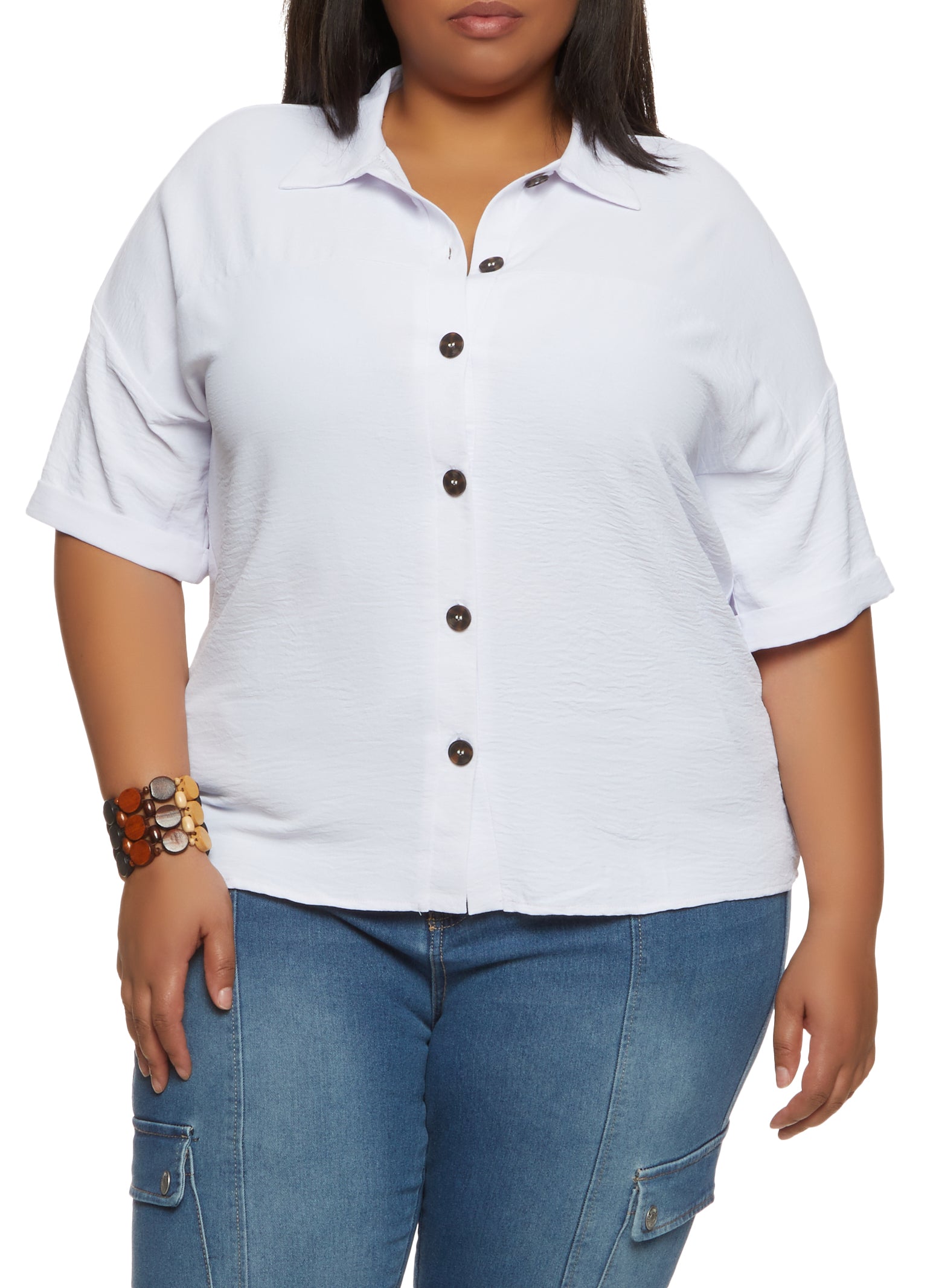 Womens Plus Airy Short Sleeve Button Front Shirt, White,