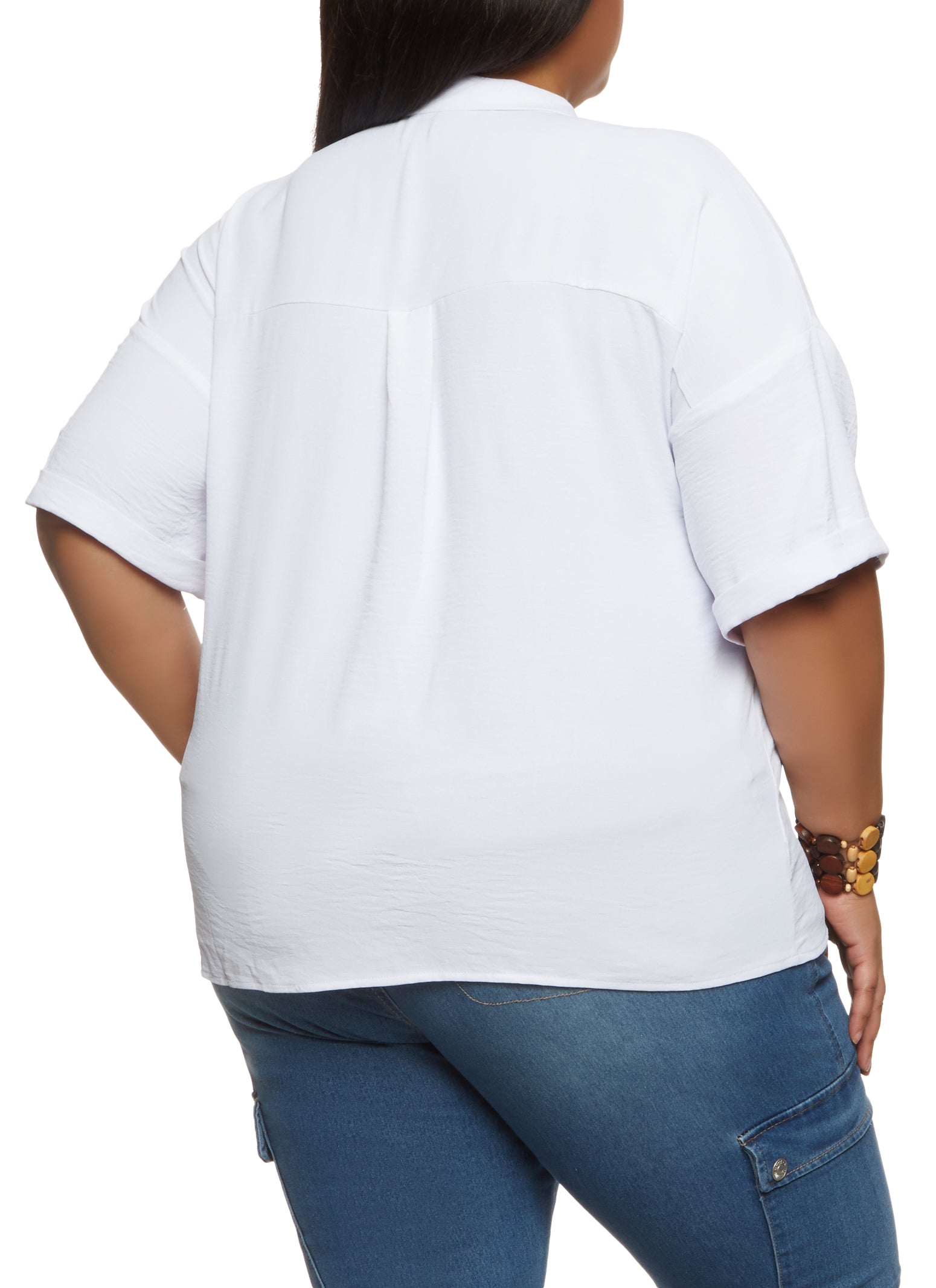 Womens Plus Size Airy Short Sleeve Button Front Shirt, White, Size 2X