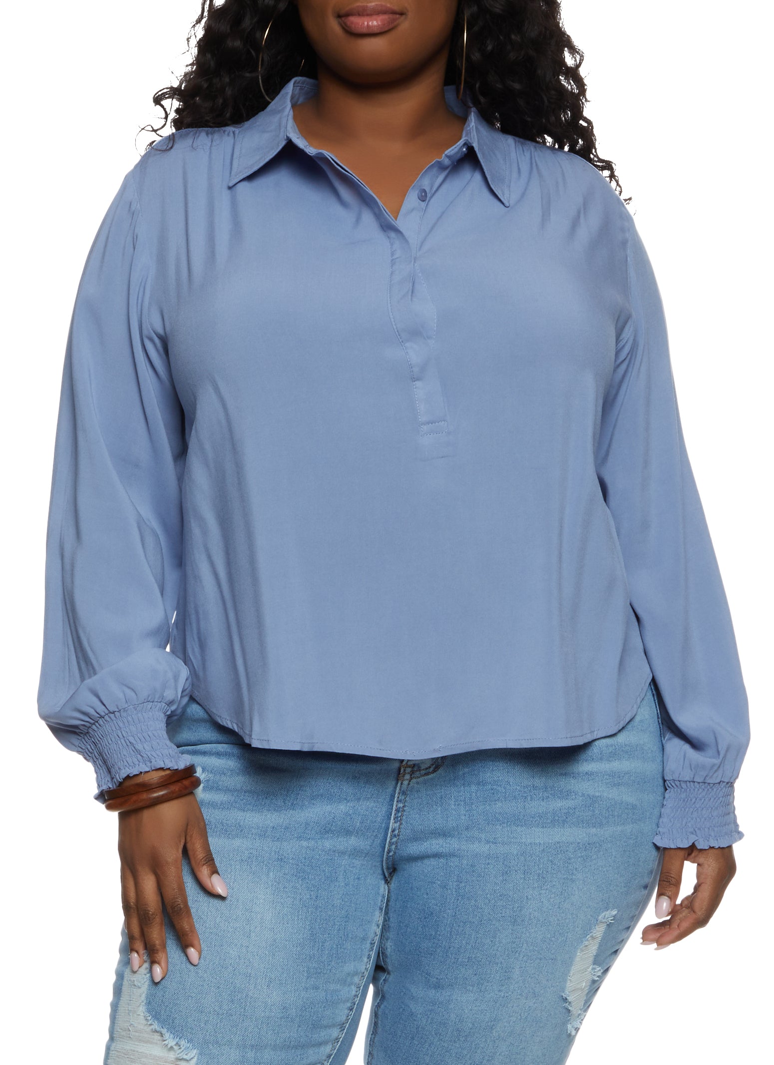 Womens Plus Size Smocked Cuff Popover Top, Blue, Size 3X
