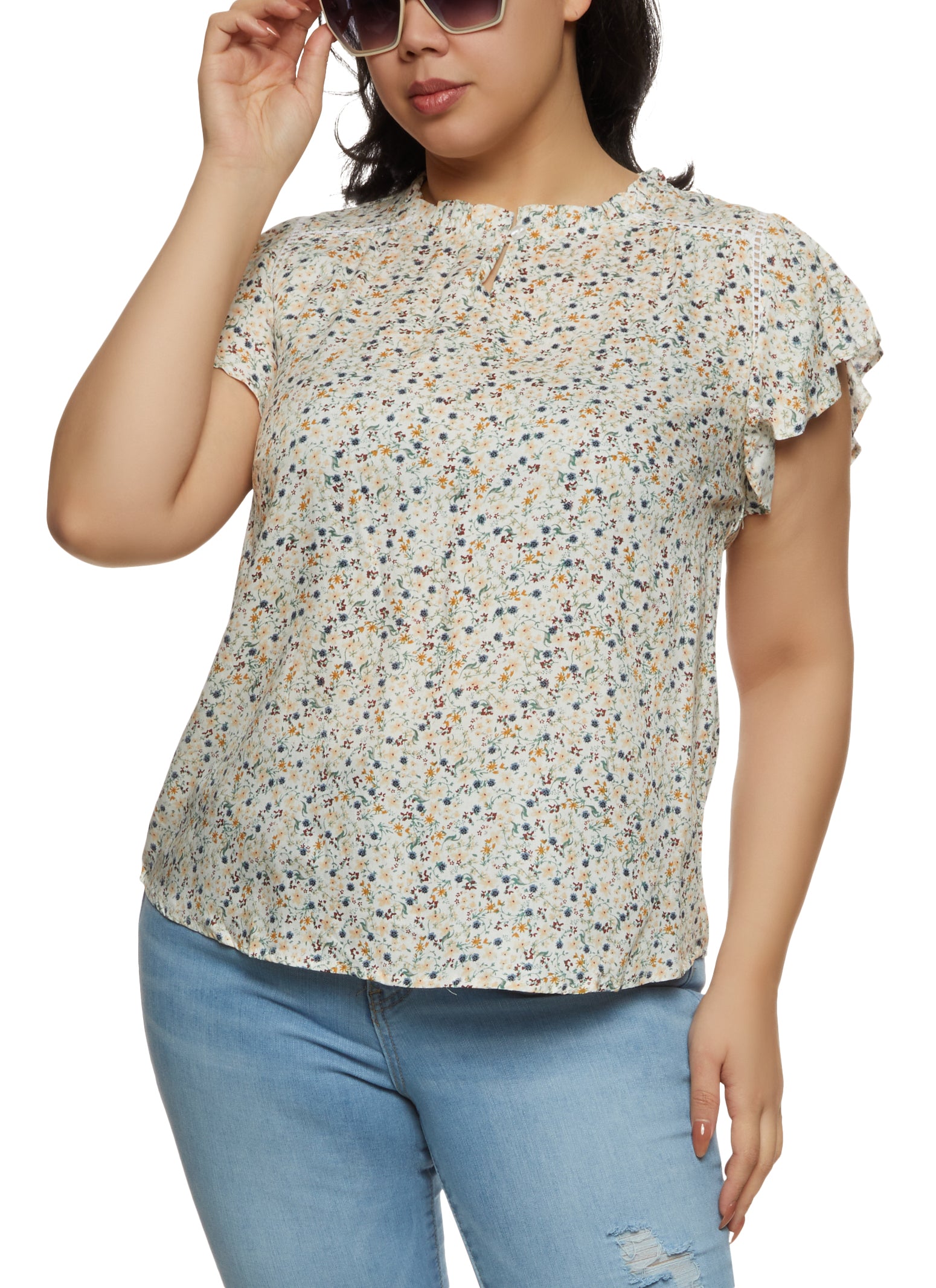 Womens Plus Size Flutter Sleeve Floral Peasant Top, Multi, Size 1X