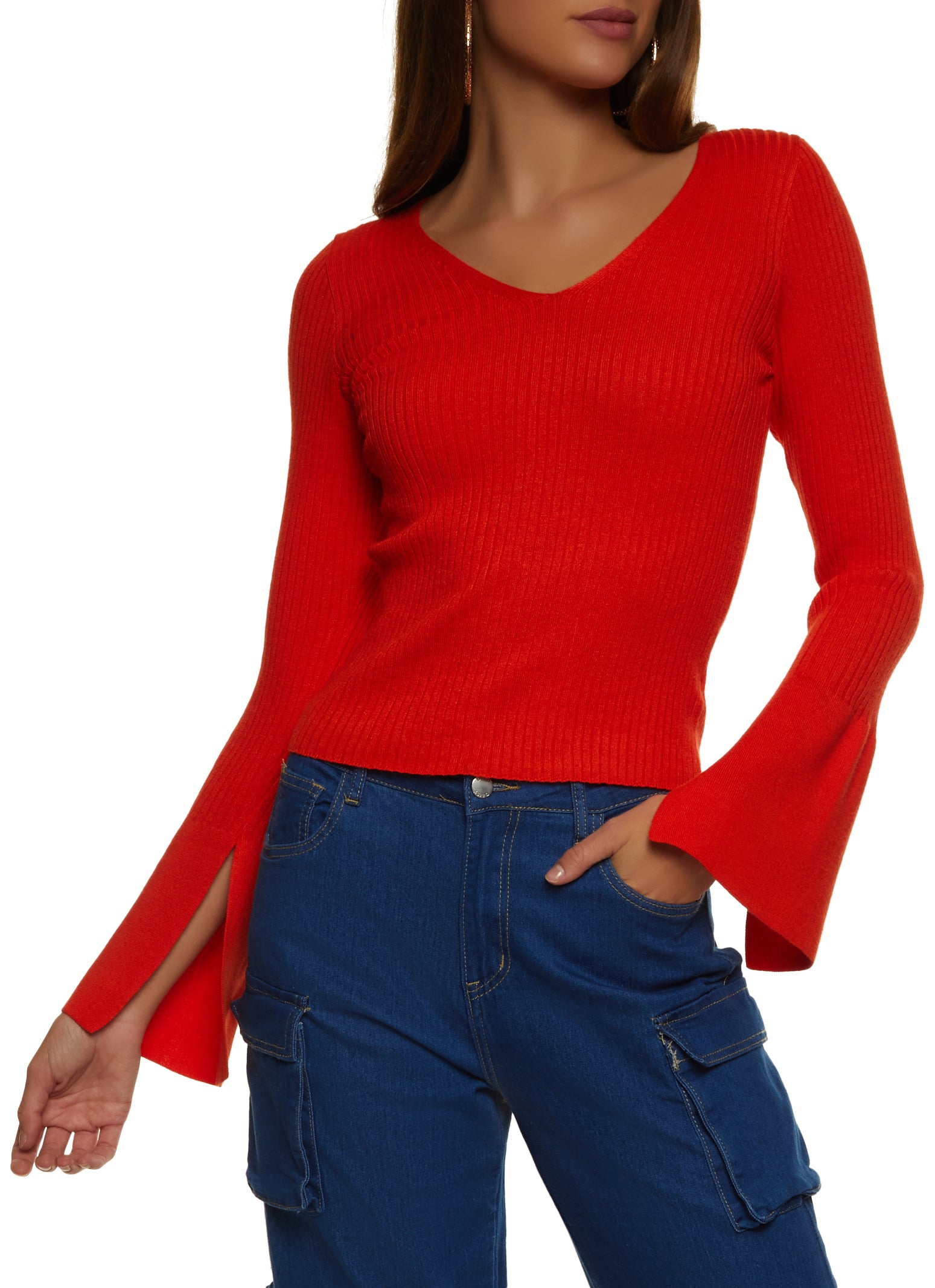 Red Crop Top - Basic Long Sleeve Tee - Red Bell Sleeve Top - $22, Tobi US