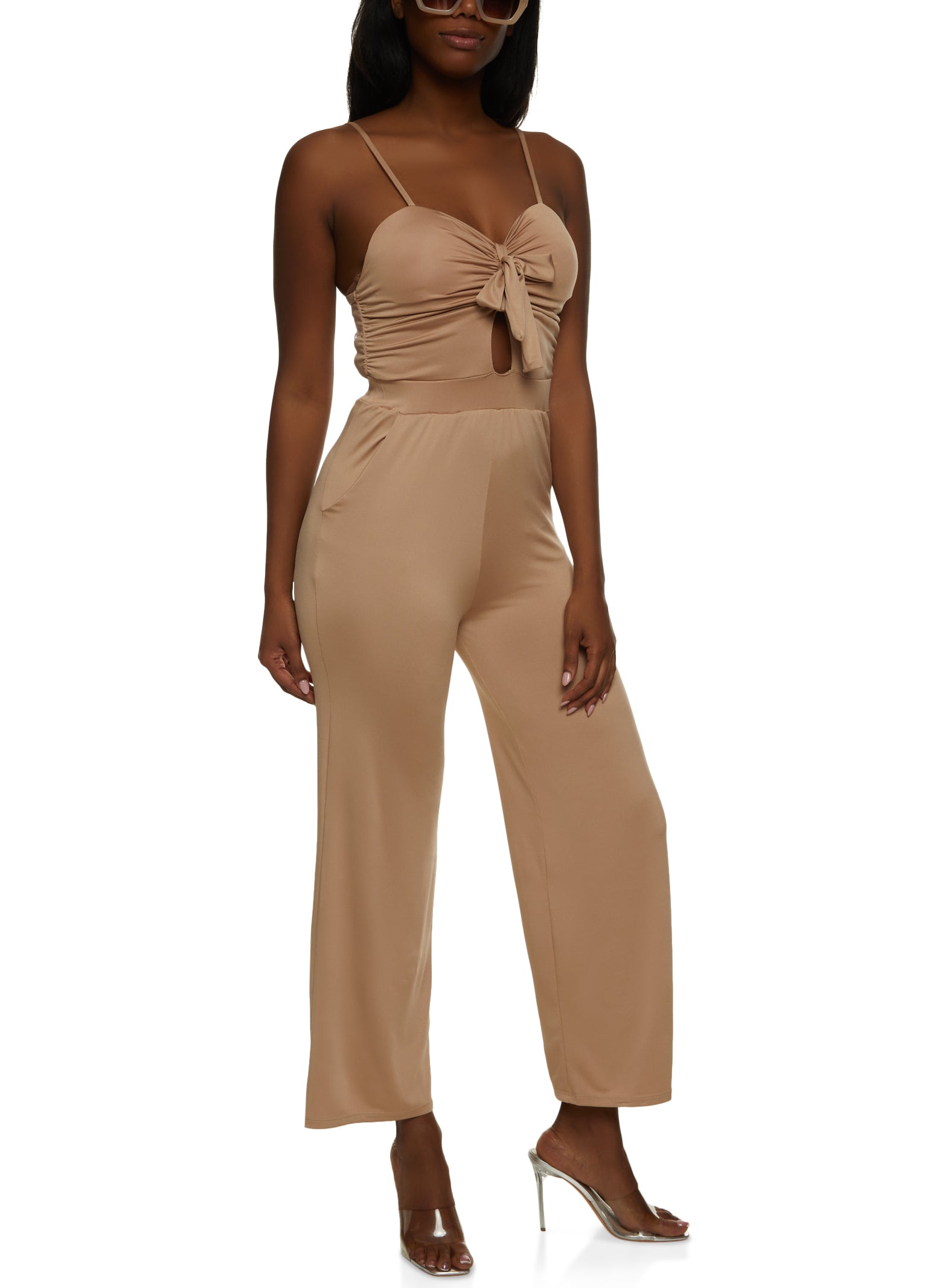 Womens Tie Front Keyhole Wide Leg Jumpsuit,