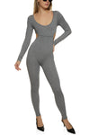 Long Sleeves Scoop Neck Knit General Print Keyhole Ribbed Cutout Jumpsuit
