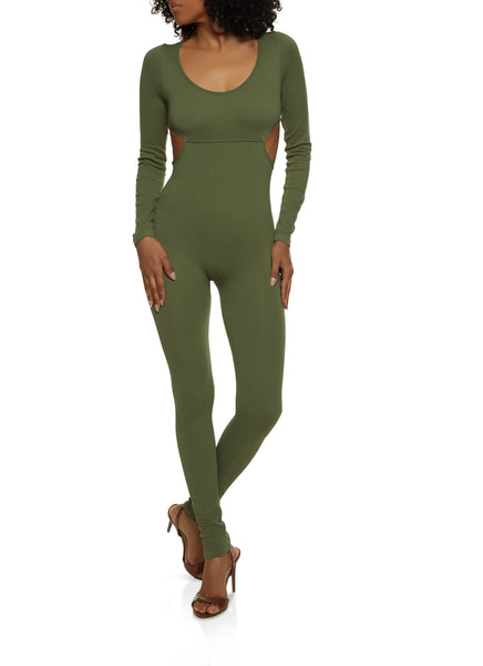 Keyhole Ribbed Cutout Long Sleeves Knit Scoop Neck Jumpsuit