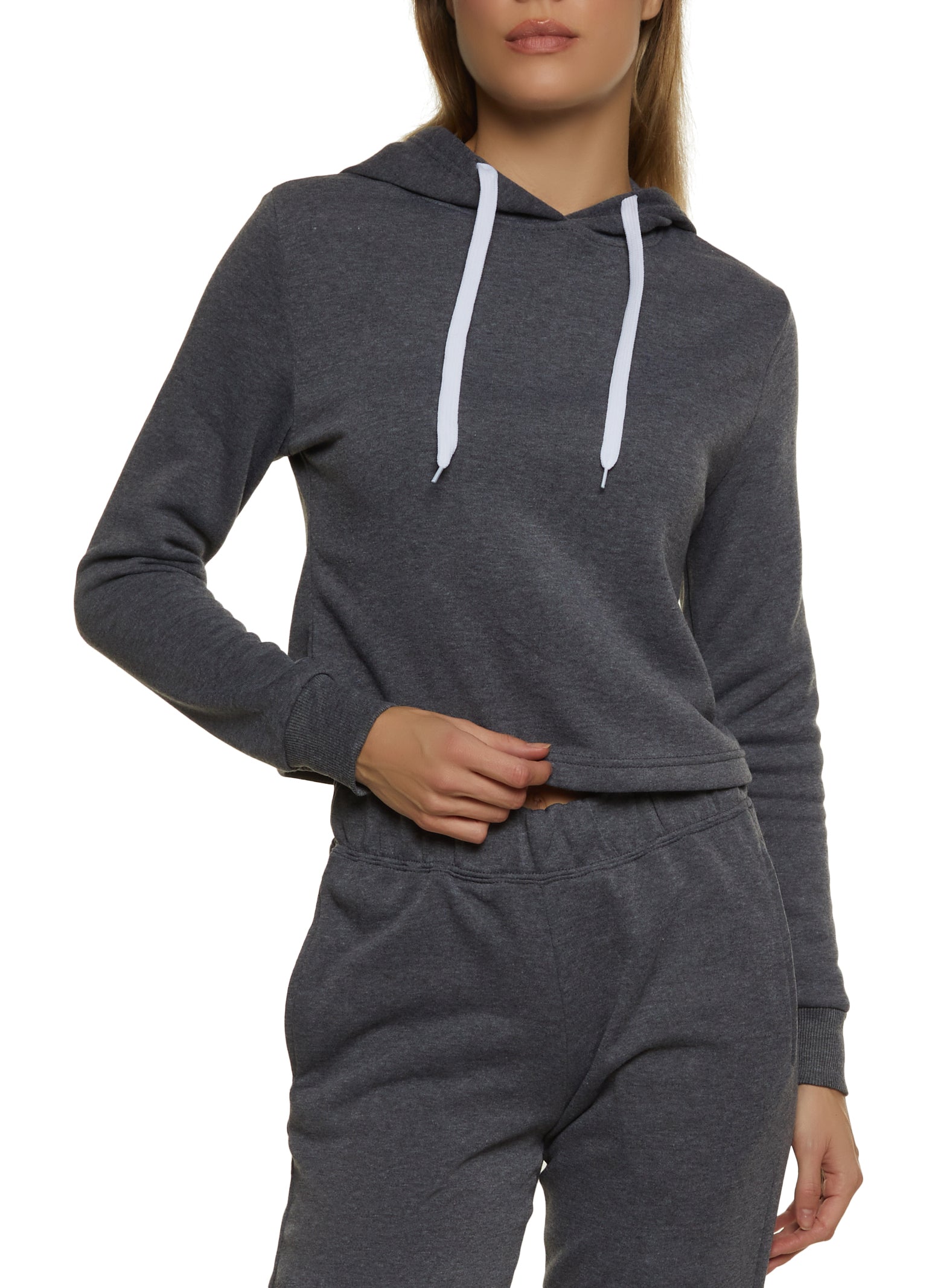 Womens Fleece Hooded Cropped Sweatshirt, Grey, Size M