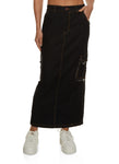 Womens Denim Frayed Trim Cargo Pocket Maxi Skirt, ,