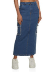 Womens Denim Frayed Trim Cargo Pocket Maxi Skirt, ,