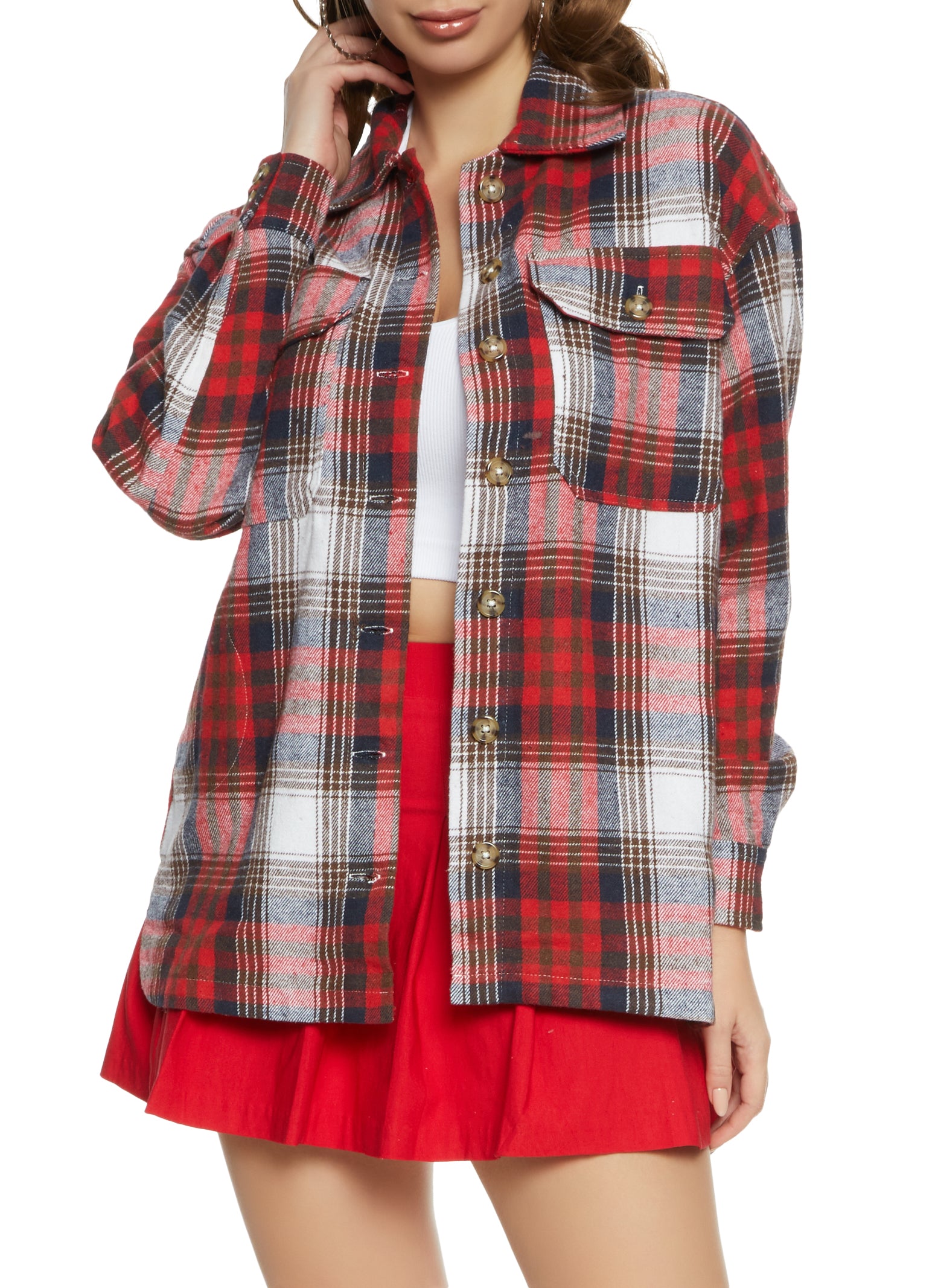 Womens Plaid Brushed Knit Button Front Shacket, Red, Size S