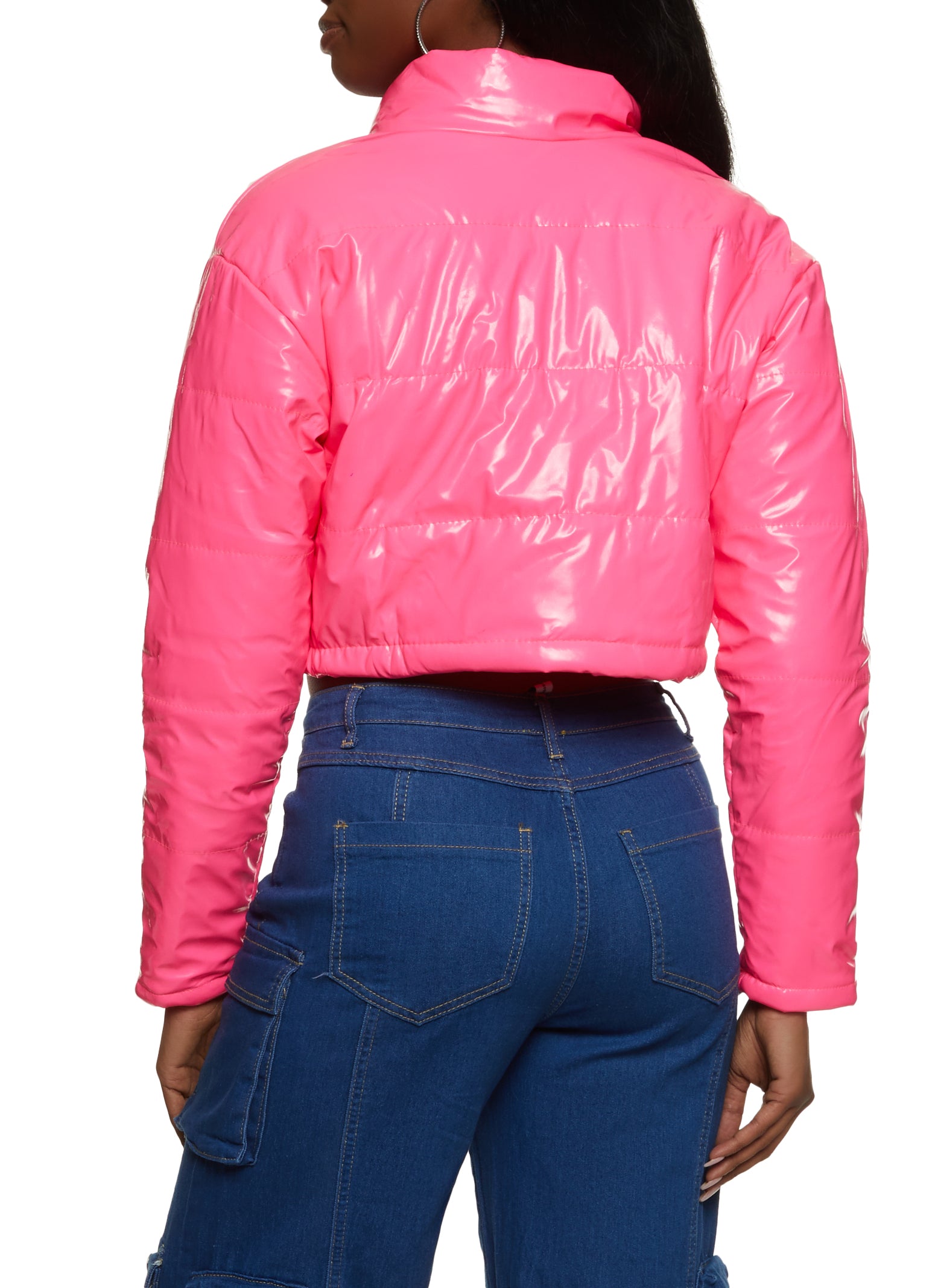 Midweight Faux-Leather Cropped Puffer Jacket