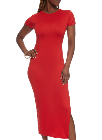 Plus Size Ribbed Ruched T Shirt Midi Dress - Red