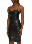 Faux-Leather Sleeveless Spaghetti Strap Corset Waistline Sweetheart Bodycon Dress/Midi Dress