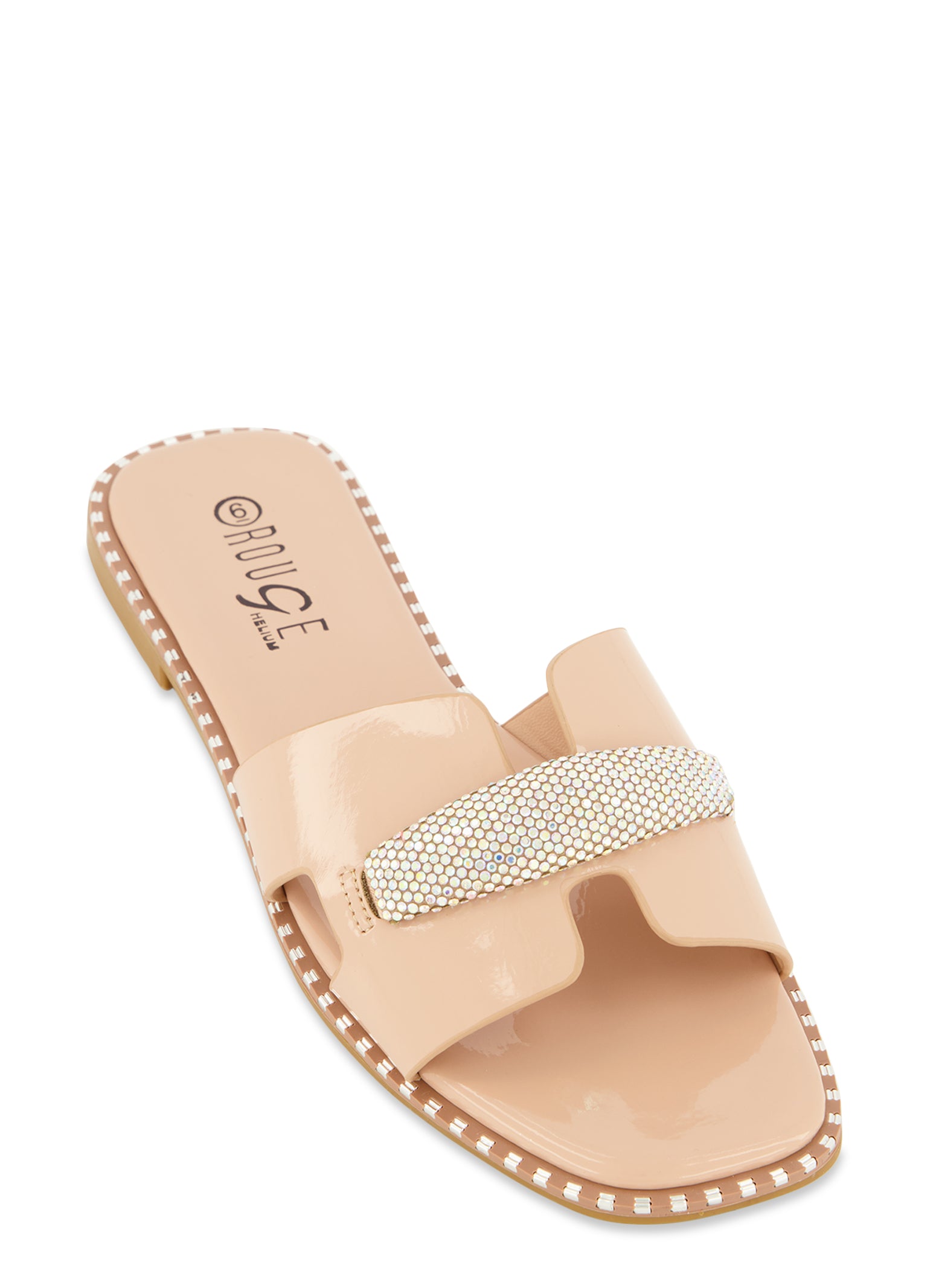 Womens Studded Trim Rhinestone Cut Out Band Slide Sandals,