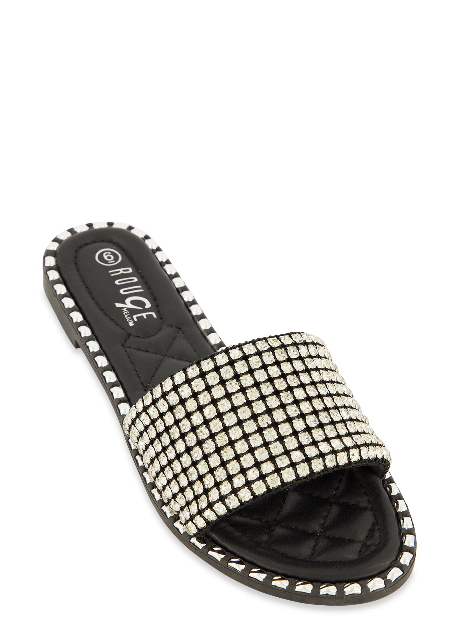 Womens Studded Trim Rhinestone Single Band Slide Sandals, Black,