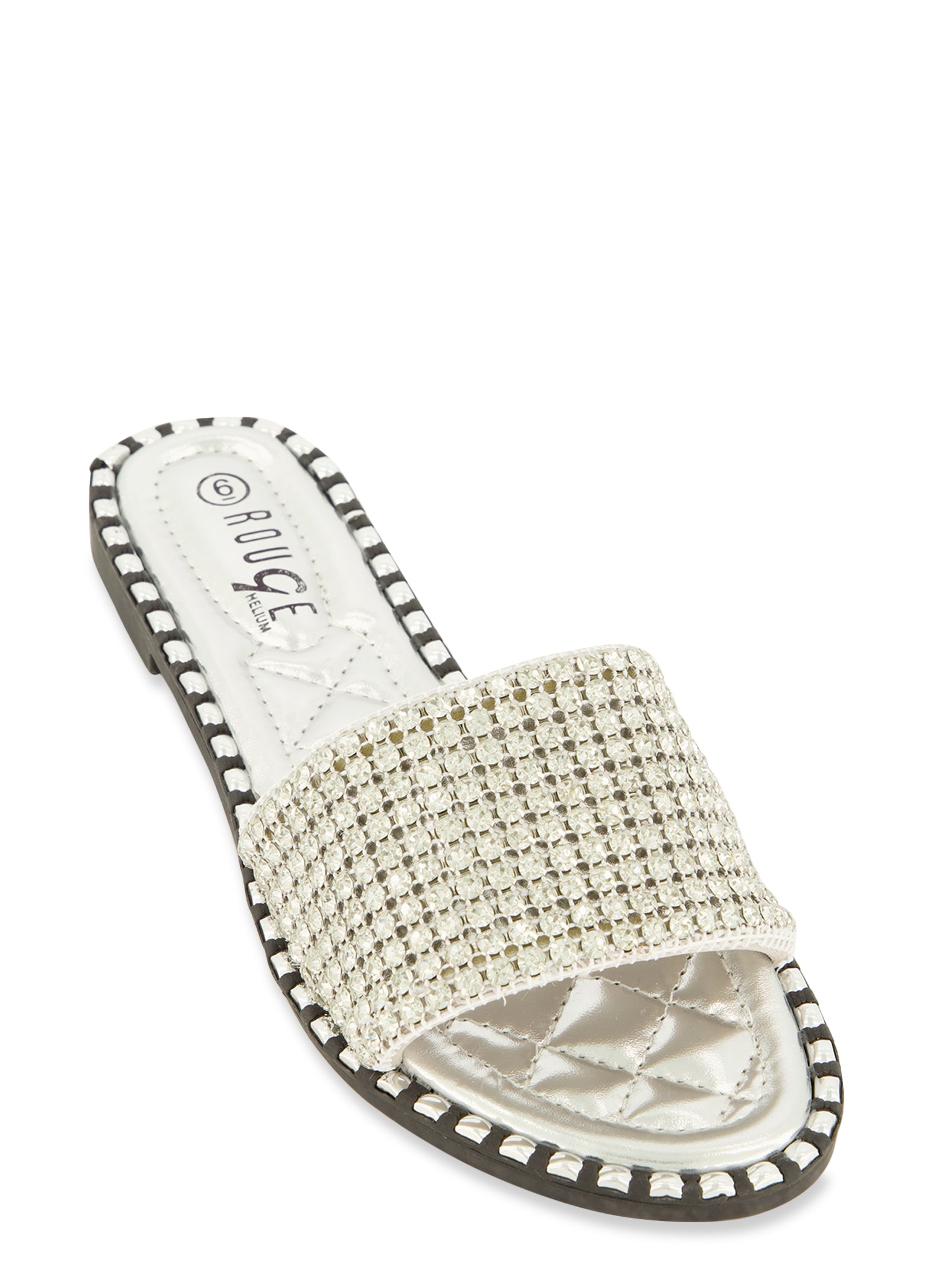 Womens Studded Trim Rhinestone Single Band Slide Sandals, Silver,